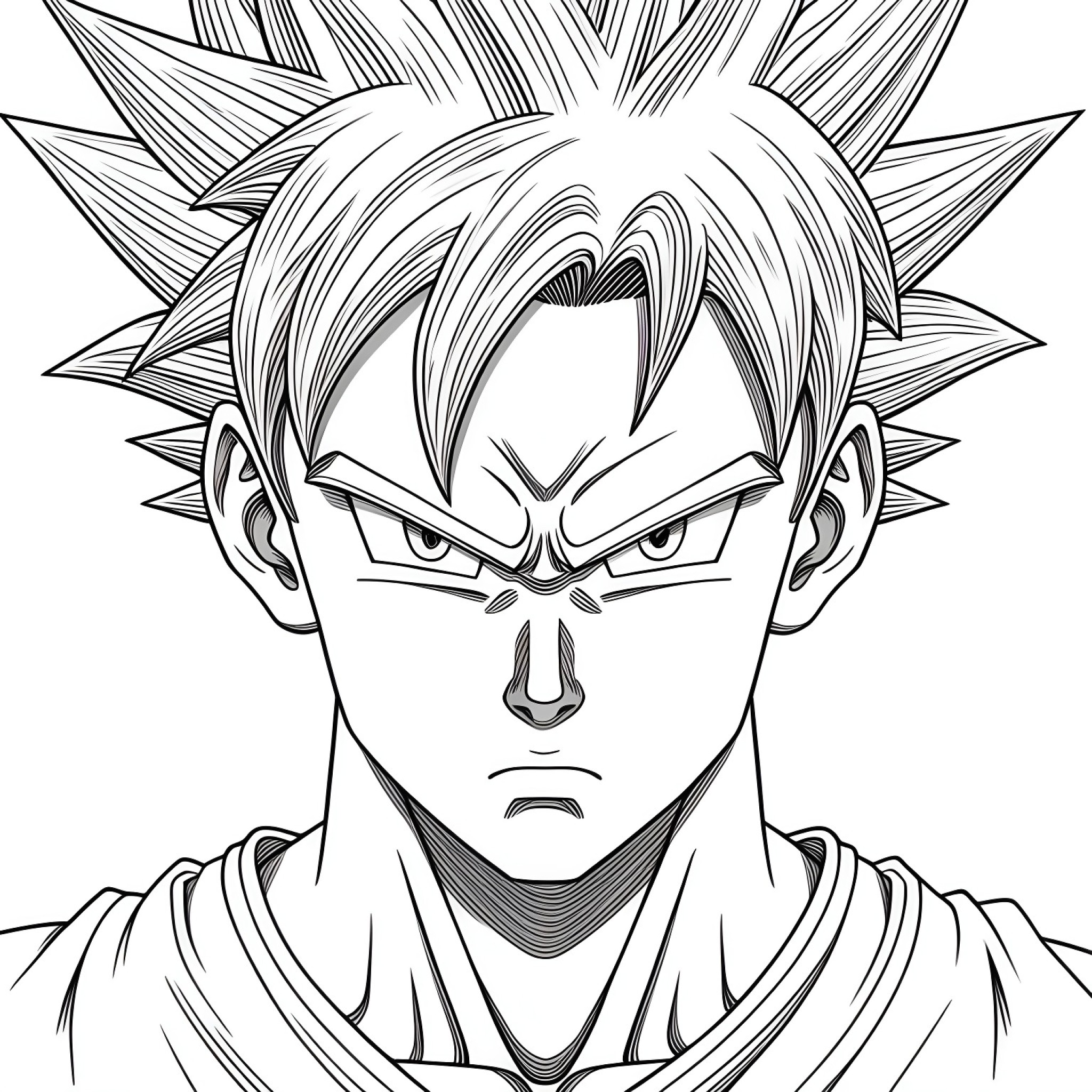 Son Goku looking serious Coloring Page (free black-and-white line drawing printable PDF for all, from beginners to advanced learners, including children, teens, adults, and seniors)