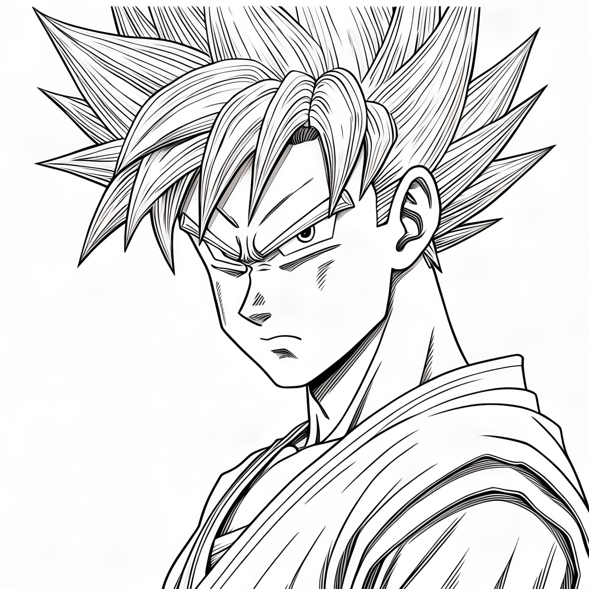 Son Goku looking determined Coloring Page (free black-and-white line drawing printable PDF for all, from beginners to advanced learners, including children, teens, adults, and seniors)