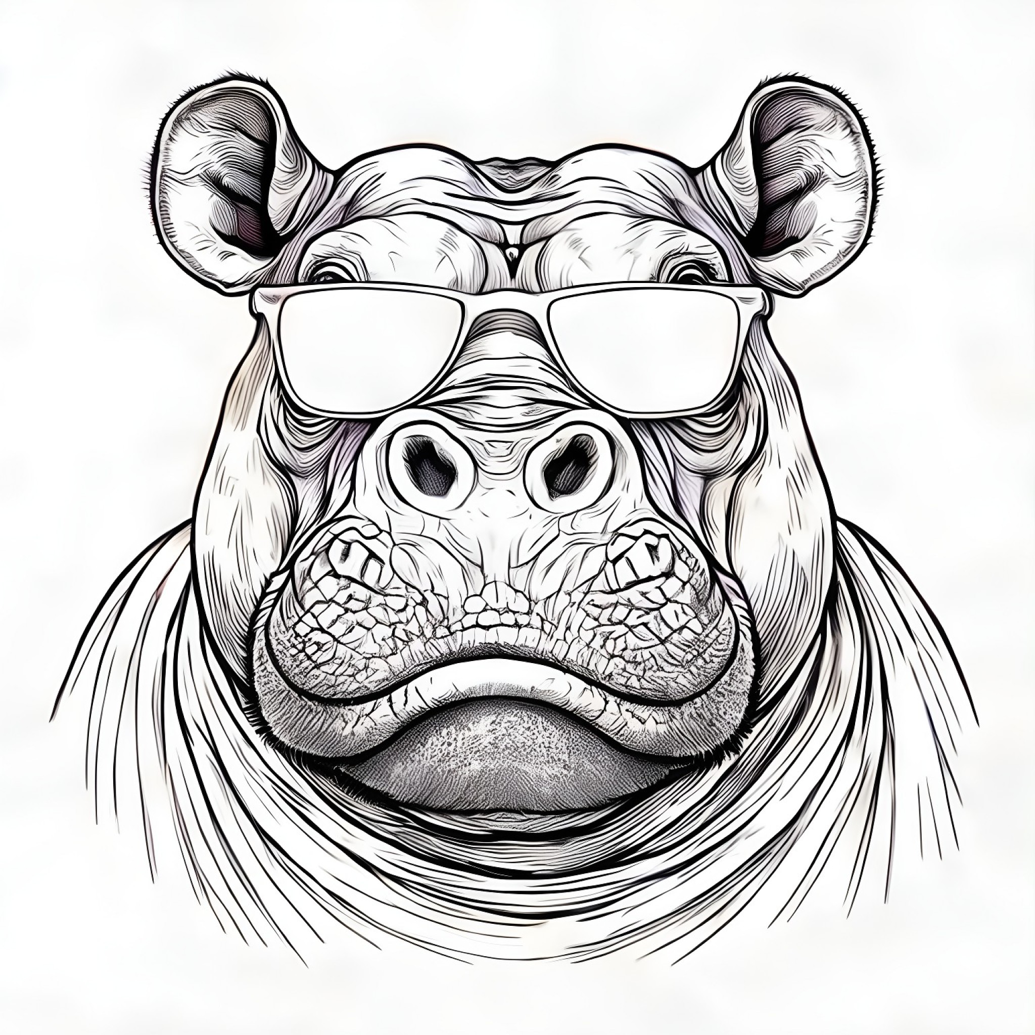 Hippopotamus in sunglasses looking cool Coloring Page (free black-and-white line drawing printable PDF for all, from beginners to advanced learners, including children, teens, adults, and seniors)
