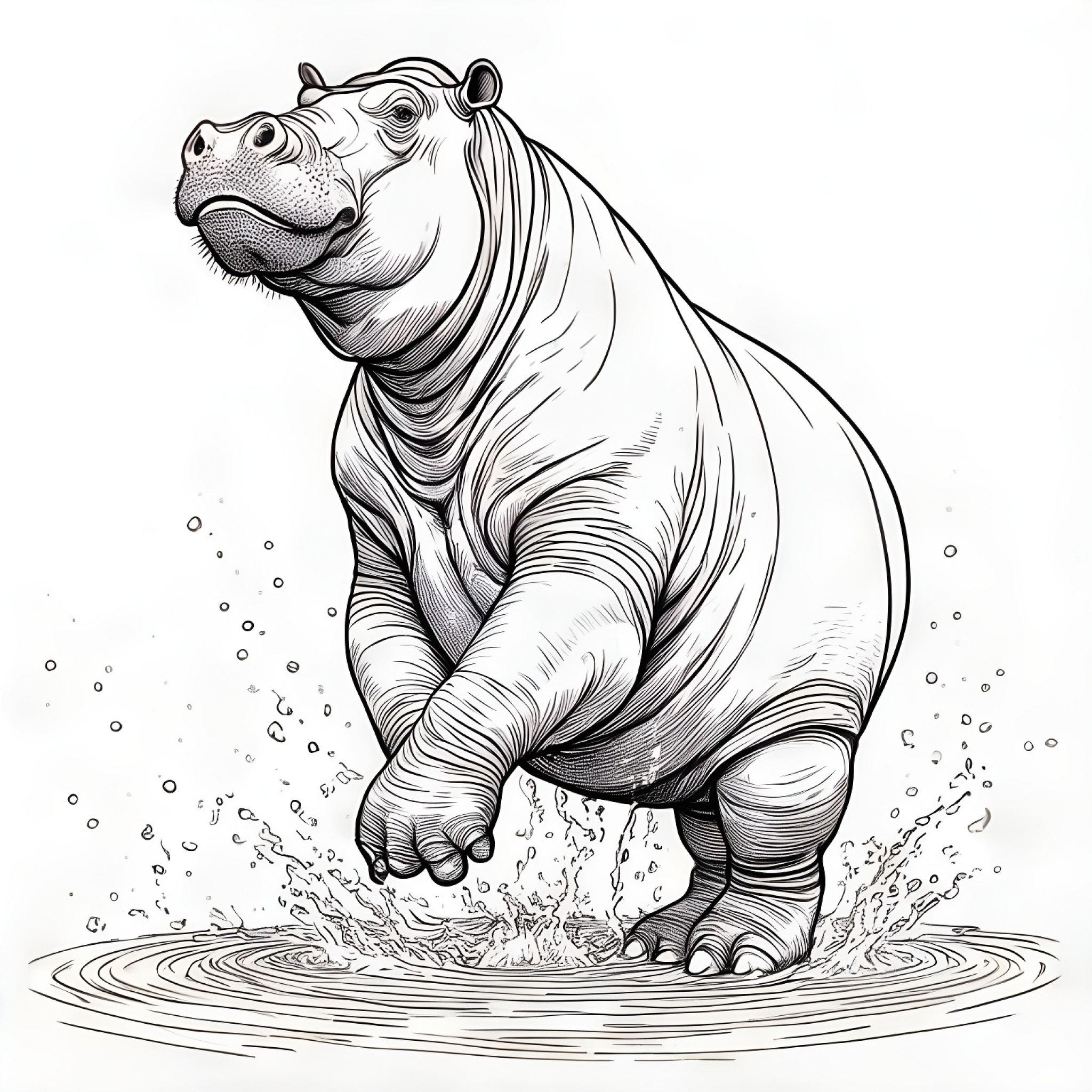 Hippopotamus doing a handstand Coloring Page (free black-and-white line drawing printable PDF for all, from beginners to advanced learners, including children, teens, adults, and seniors)