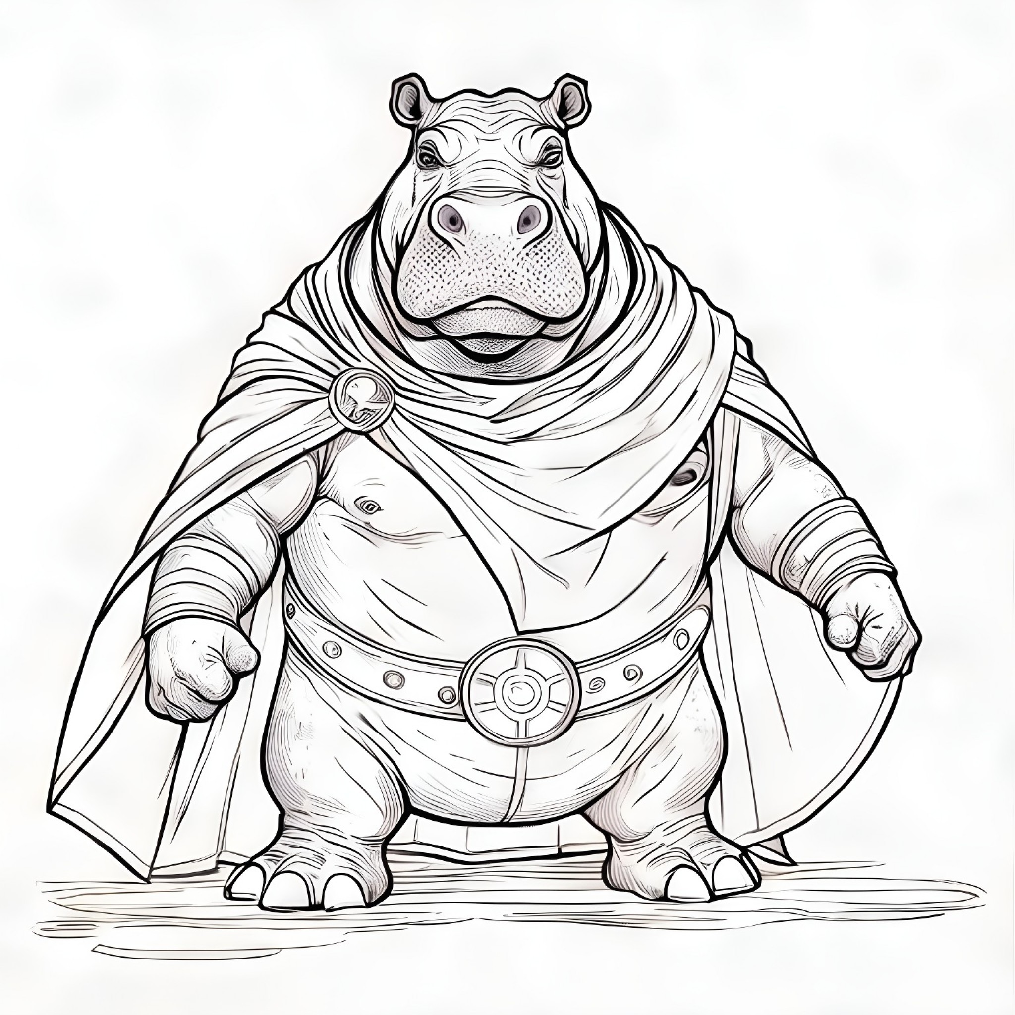 Hippopotamus in a superhero cape Coloring Page (free black-and-white line drawing printable PDF for all, from beginners to advanced learners, including children, teens, adults, and seniors)