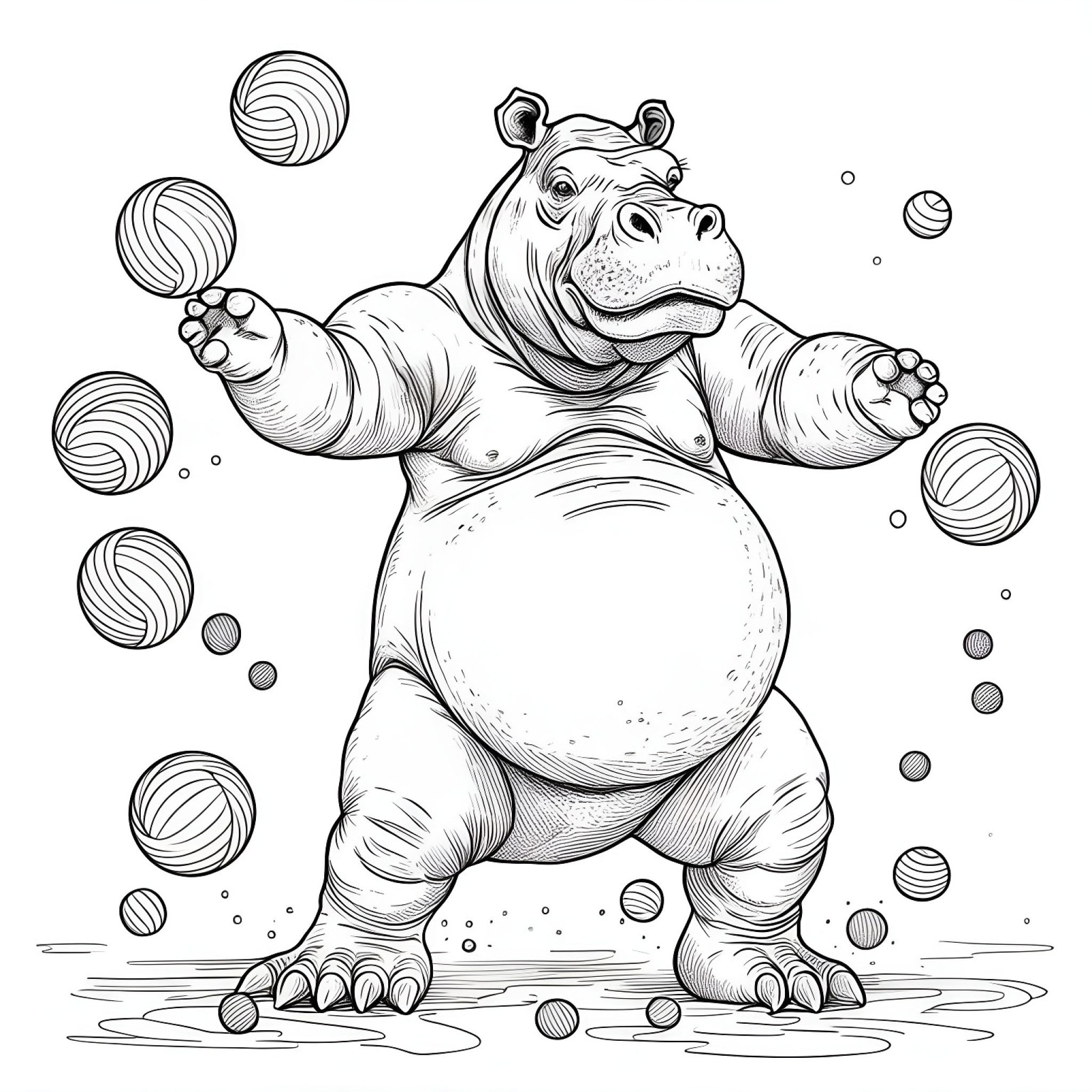 Hippopotamus juggling colorful balls Coloring Page (free black-and-white line drawing printable PDF for all, from beginners to advanced learners, including children, teens, adults, and seniors)