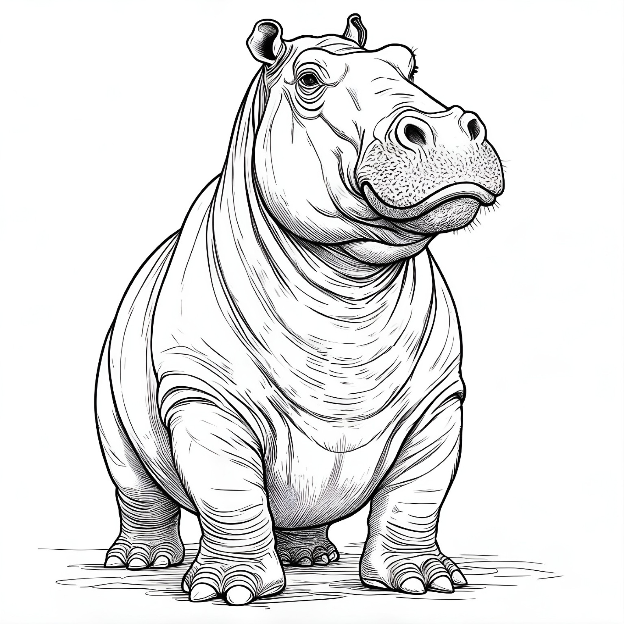 Hippopotamus standing on hind legs Coloring Page (free black-and-white line drawing printable PDF for all, from beginners to advanced learners, including children, teens, adults, and seniors)