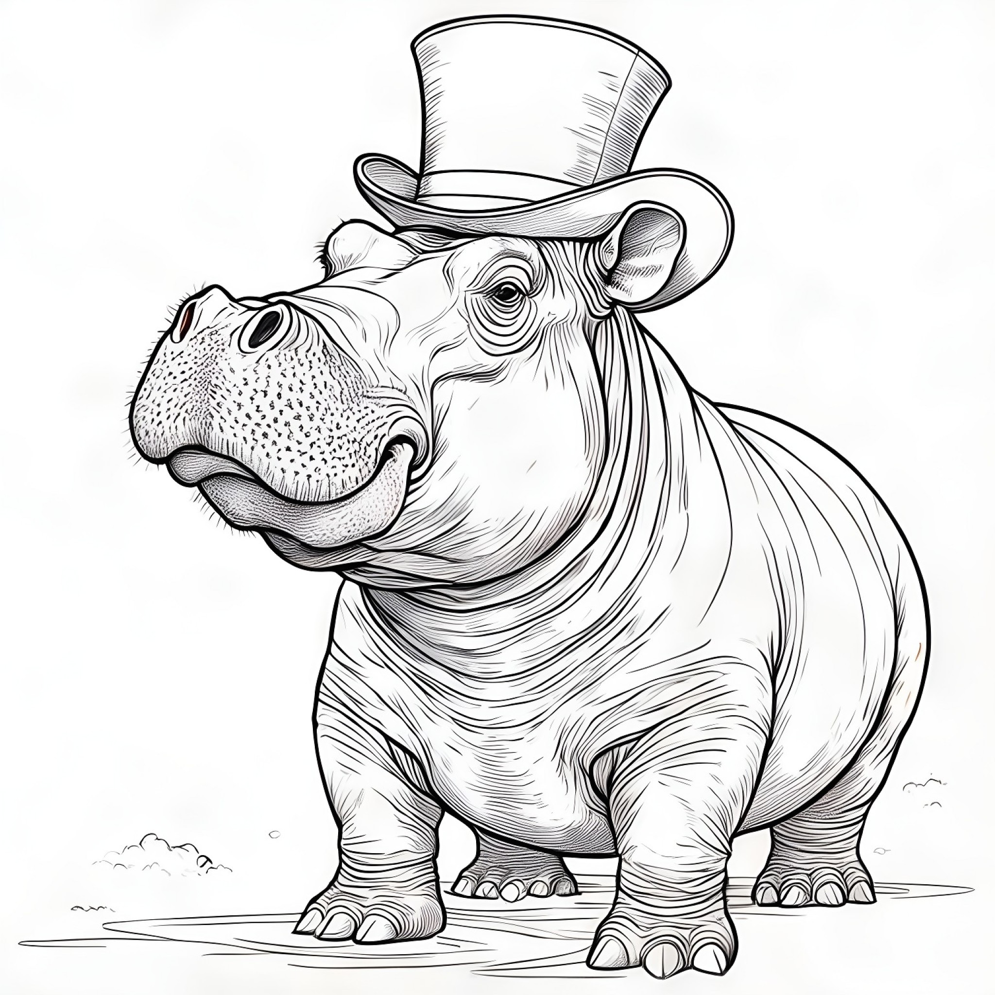 Hippopotamus wearing a top hat Coloring Page (free black-and-white line drawing printable PDF for all, from beginners to advanced learners, including children, teens, adults, and seniors)