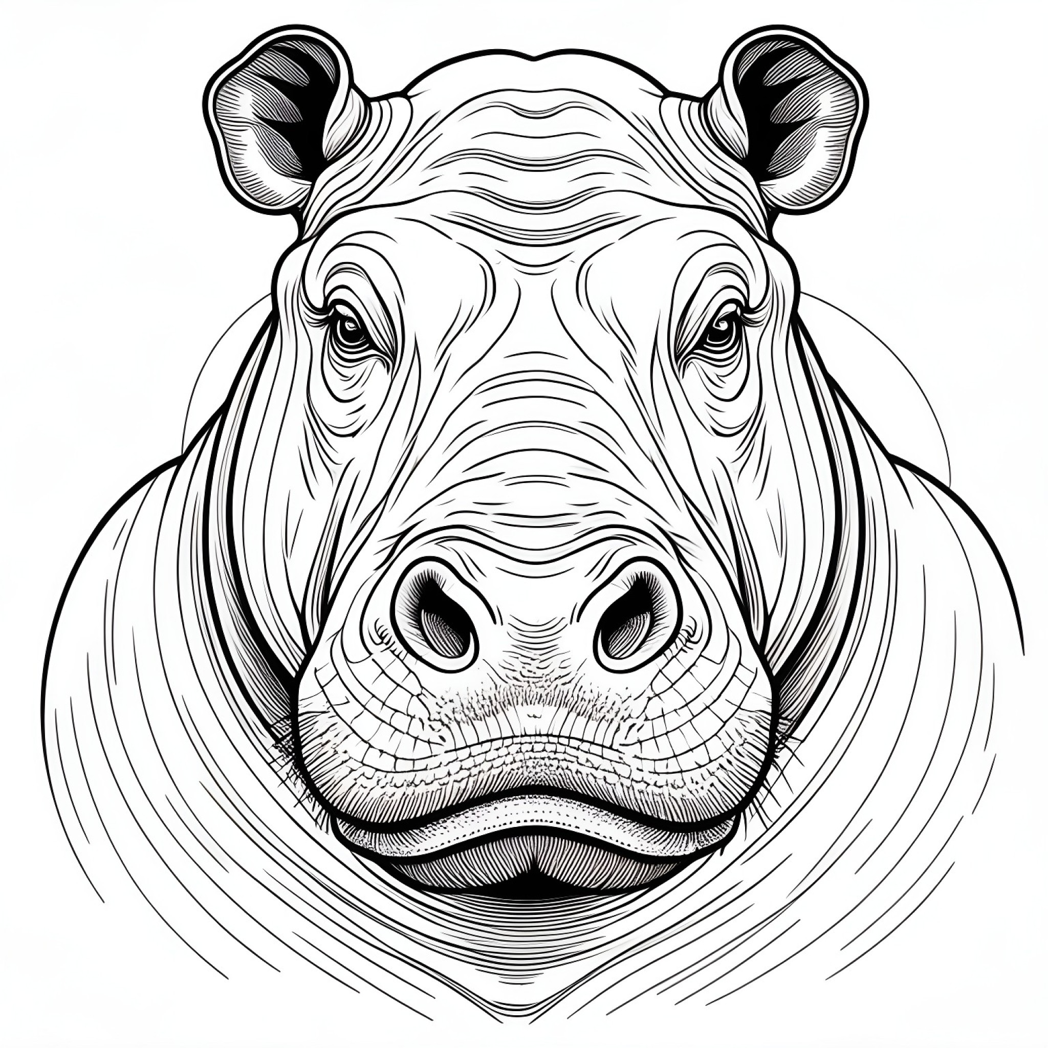 Hippopotamus with a puzzled expression Coloring Page (free black-and-white line drawing printable PDF for all, from beginners to advanced learners, including children, teens, adults, and seniors)