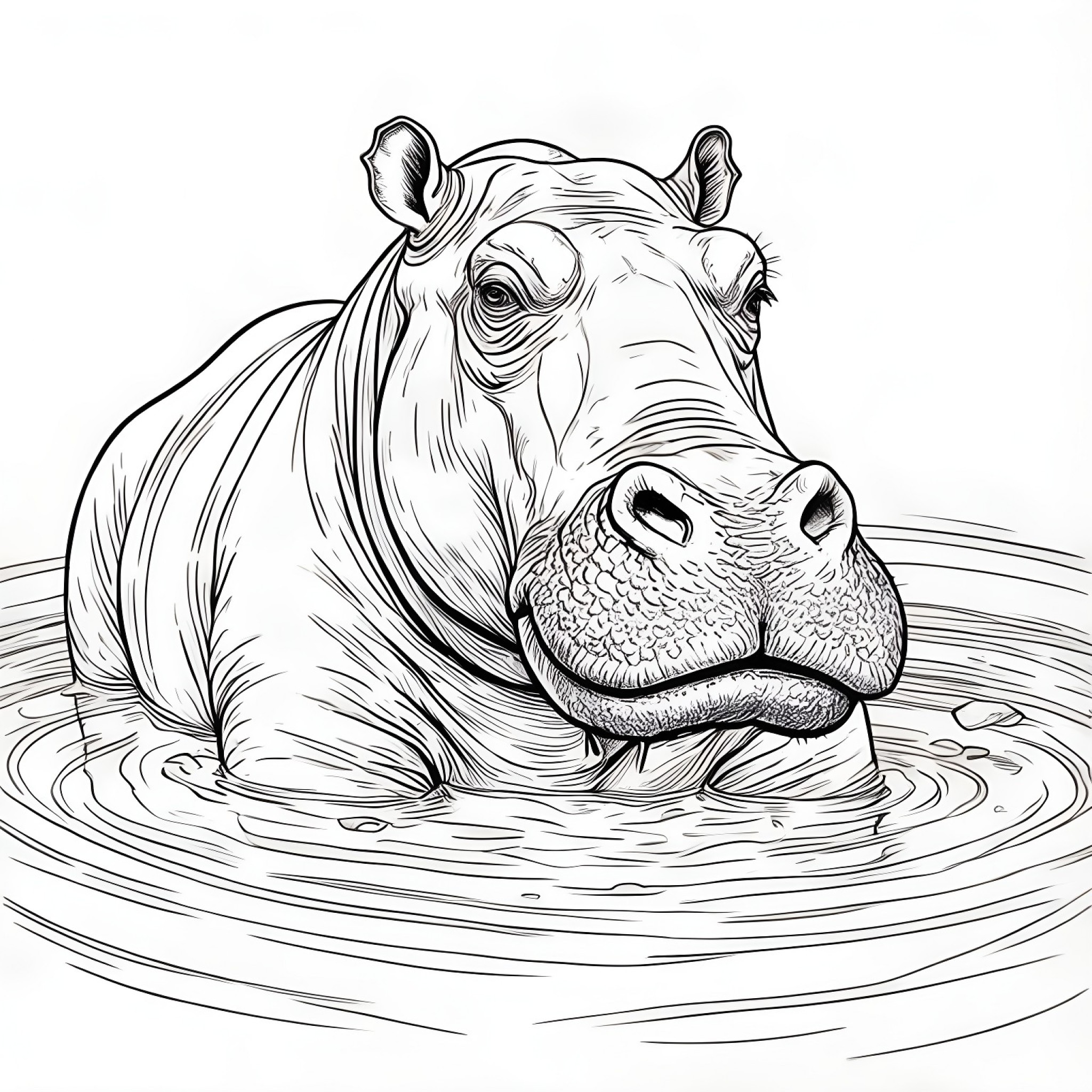Hippopotamus enjoying a mud spa Coloring Page (free black-and-white line drawing printable PDF for all, from beginners to advanced learners, including children, teens, adults, and seniors)