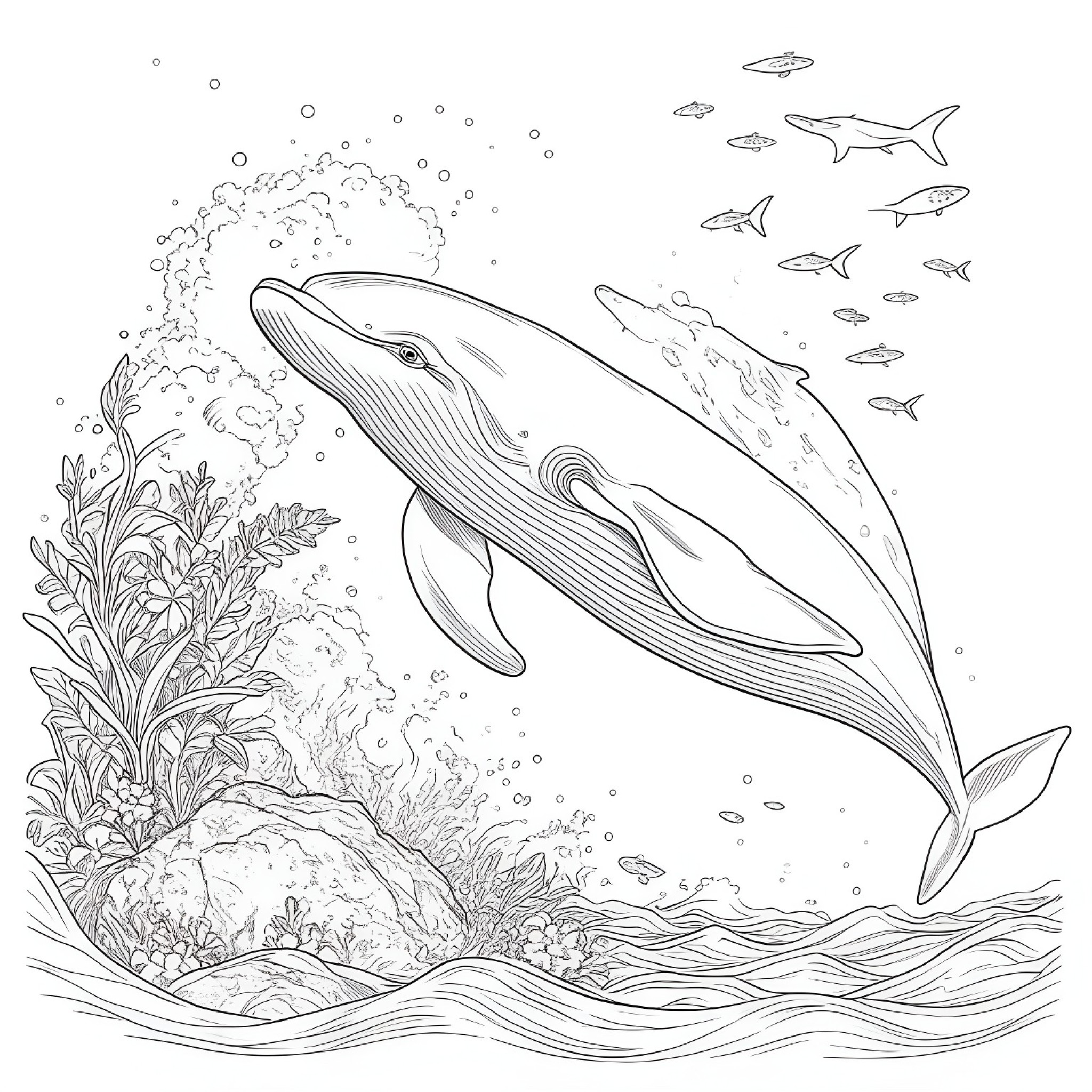 Dolphin underwater Coloring Page (free black-and-white line drawing printable PDF for all, from beginners to advanced learners, including children, teens, adults, and seniors)