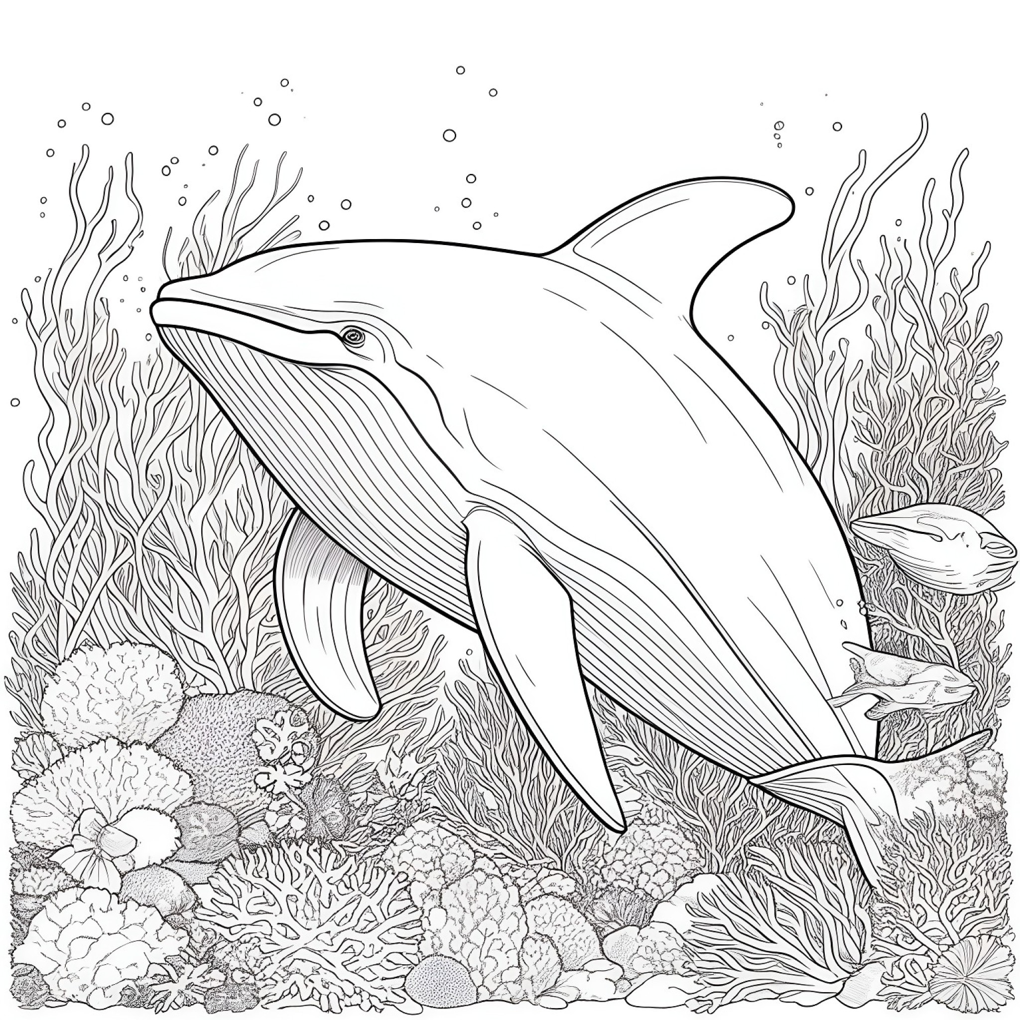 Dolphin surrounded by colorful coral Coloring Page (free black-and-white line drawing printable PDF for all, from beginners to advanced learners, including children, teens, adults, and seniors)