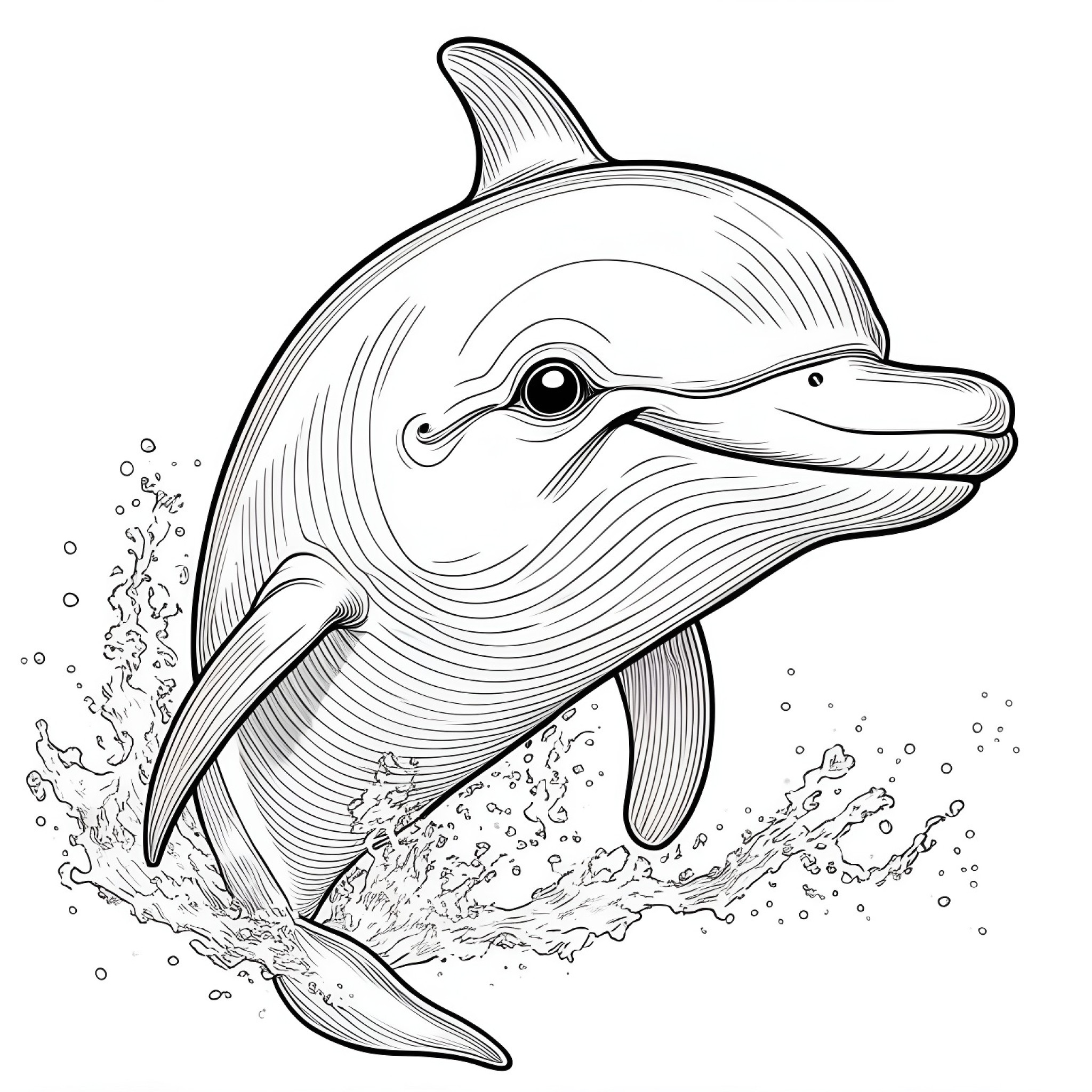 Dolphin with a mischievous smile Coloring Page (free black-and-white line drawing printable PDF for all, from beginners to advanced learners, including children, teens, adults, and seniors)