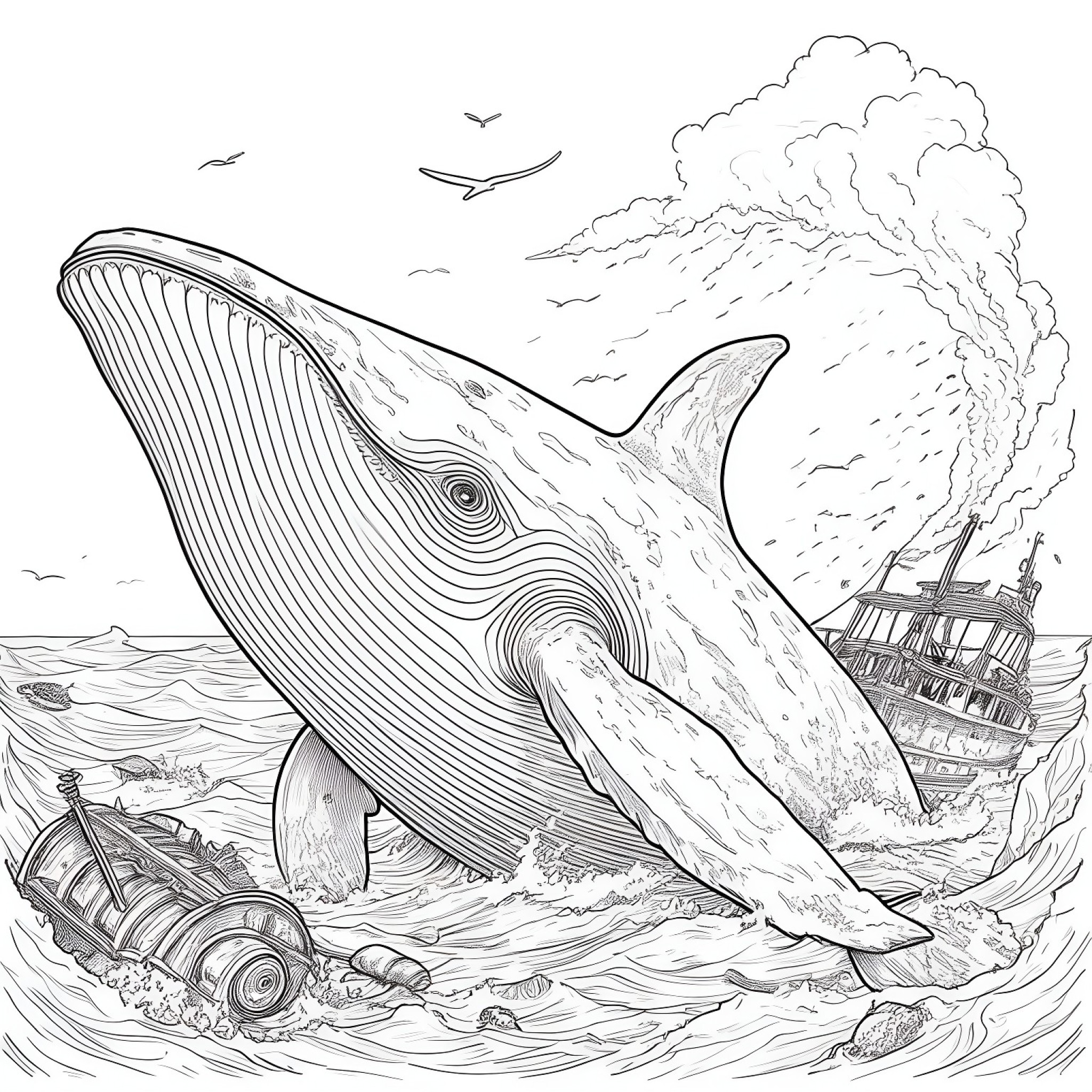 Whale exploring a shipwreck Coloring Page (free black-and-white line drawing printable PDF for all, from beginners to advanced learners, including children, teens, adults, and seniors)