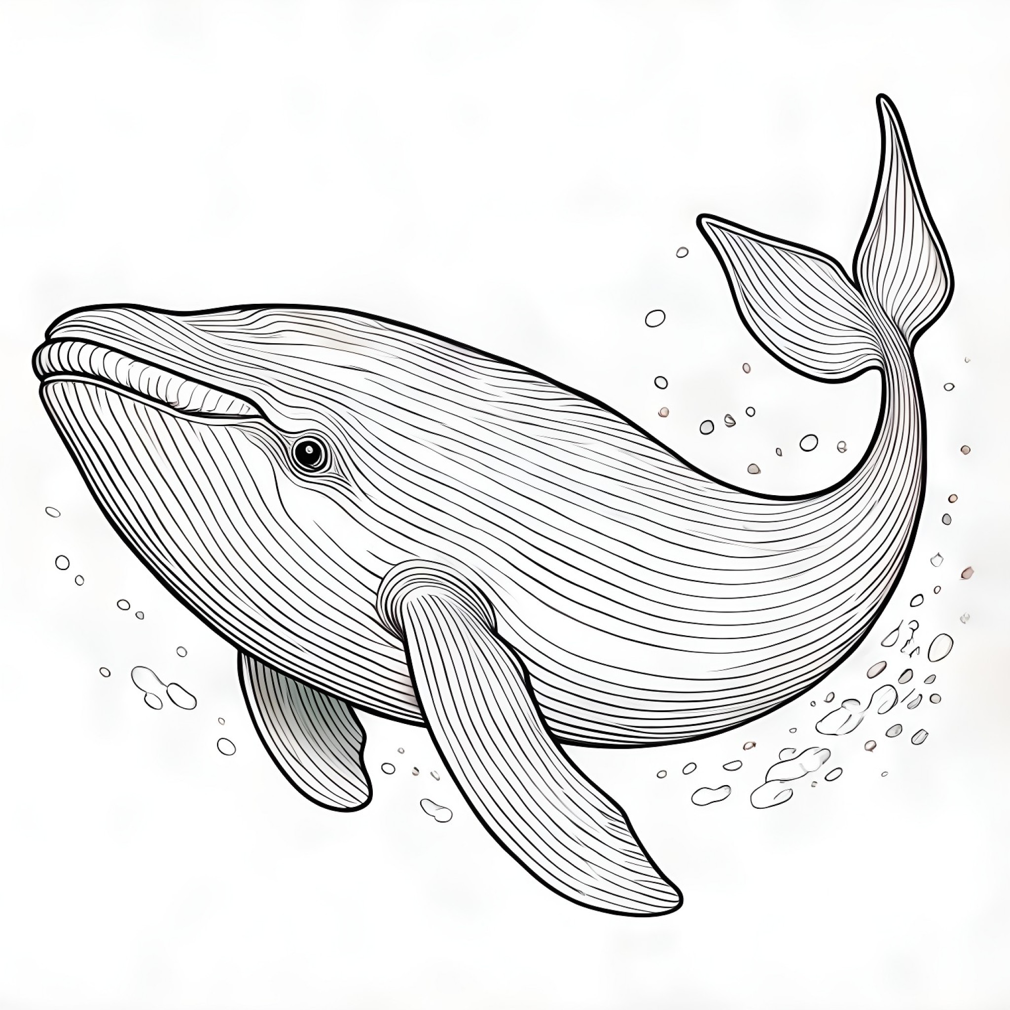 Whale with a playful wink Coloring Page (free black-and-white line drawing printable PDF for all, from beginners to advanced learners, including children, teens, adults, and seniors)