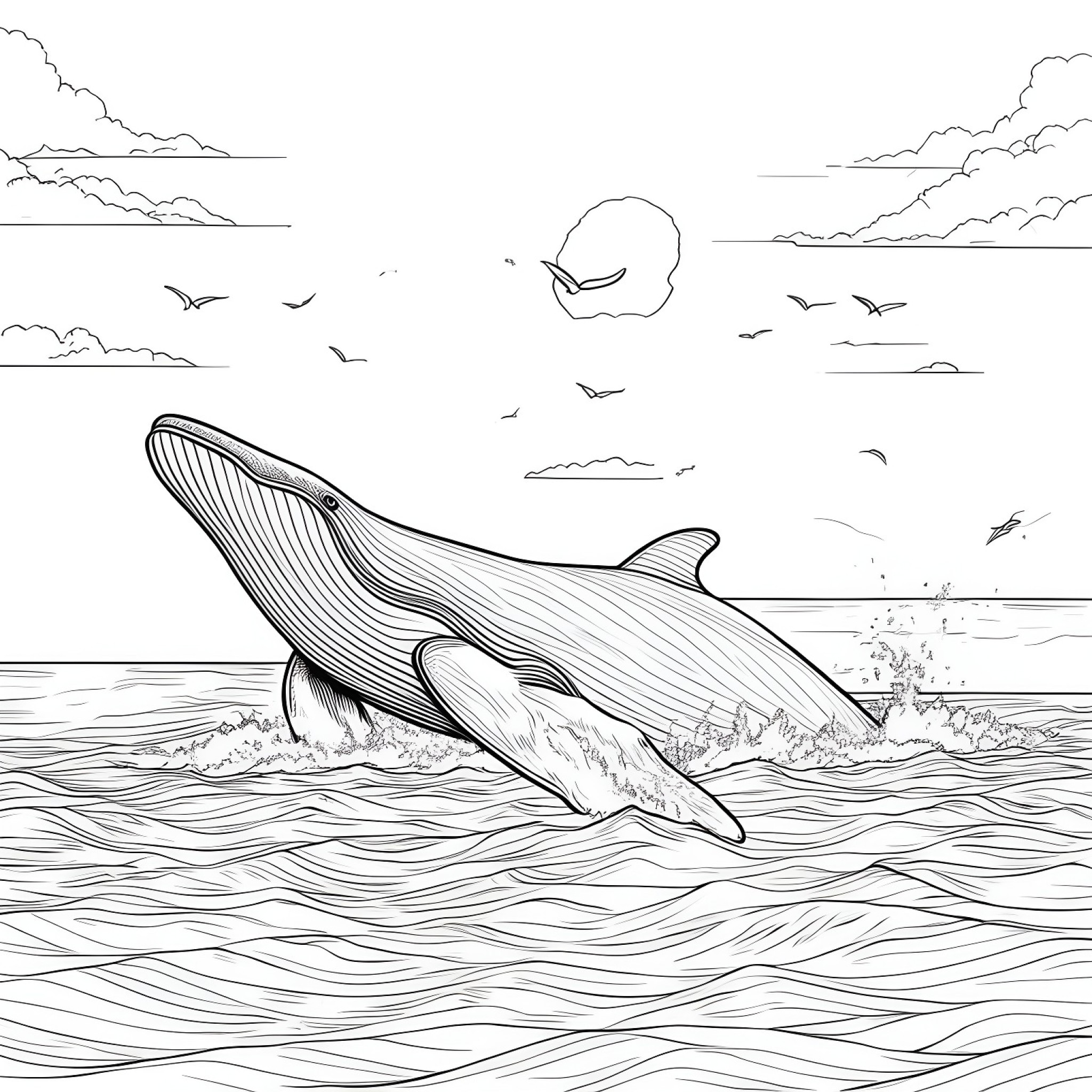 Whale watching a sunset Coloring Page (free black-and-white line drawing printable PDF for all, from beginners to advanced learners, including children, teens, adults, and seniors)