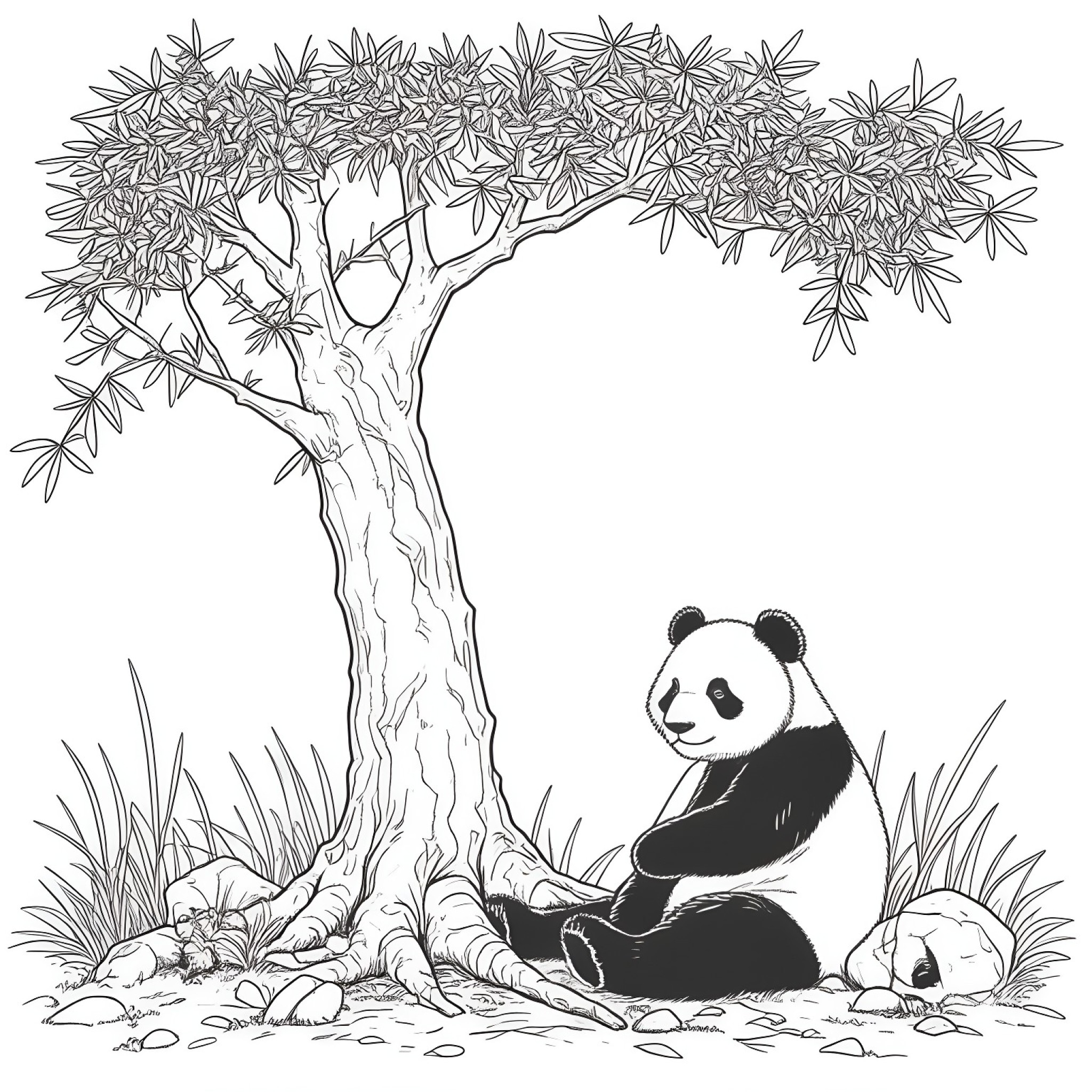 Panda sitting peacefully under a tree Coloring Page (free black-and-white line drawing printable PDF for all, from beginners to advanced learners, including children, teens, adults, and seniors)