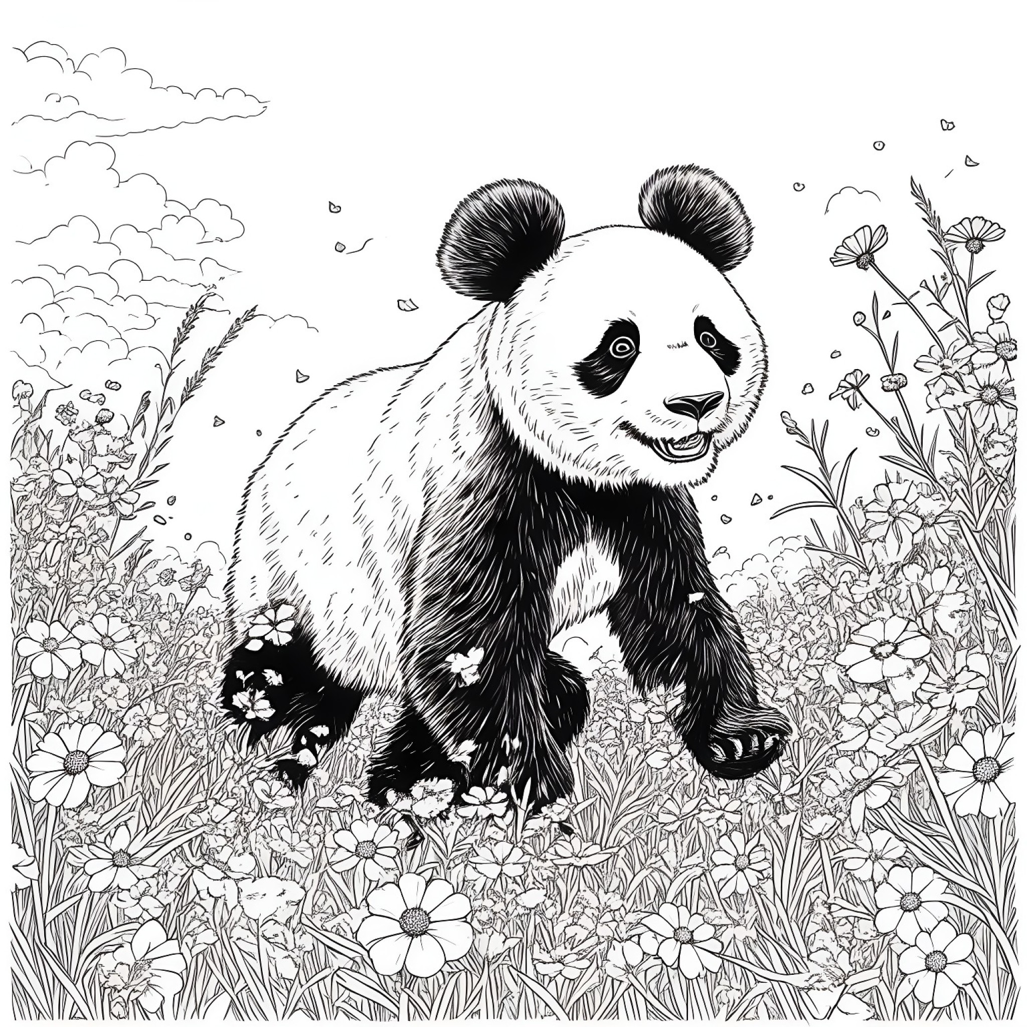 Panda frolicking in a field of flowers Coloring Page (free black-and-white line drawing printable PDF for all, from beginners to advanced learners, including children, teens, adults, and seniors)
