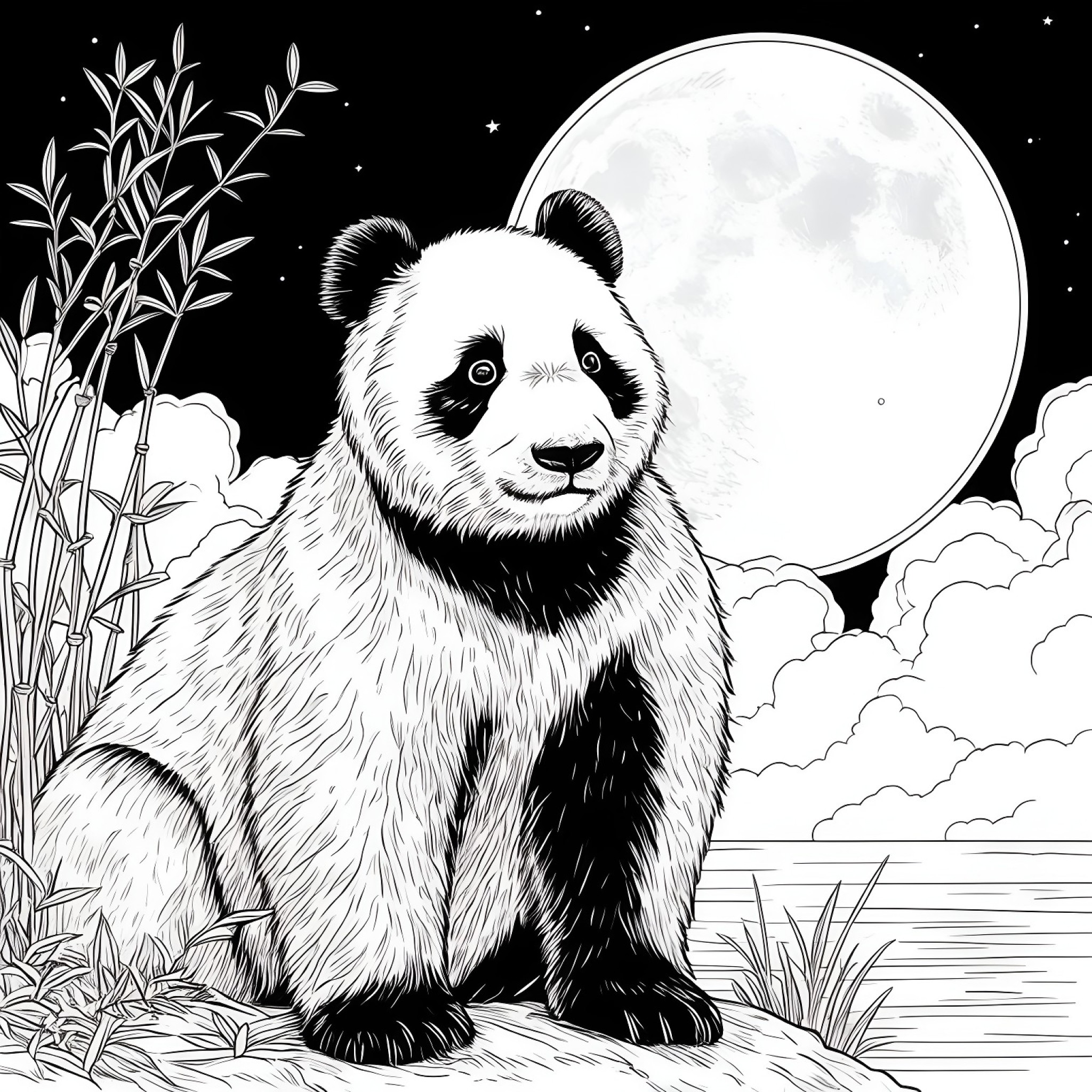 Panda gazing at the moon Coloring Page (free black-and-white line drawing printable PDF for all, from beginners to advanced learners, including children, teens, adults, and seniors)