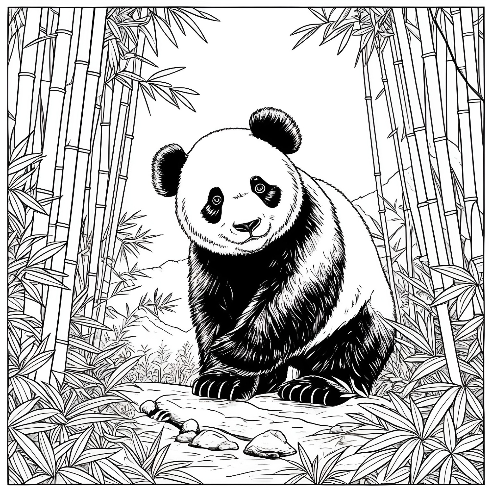 Panda exploring a bamboo forest Coloring Page (free black-and-white line drawing printable PDF for all, from beginners to advanced learners, including children, teens, adults, and seniors)