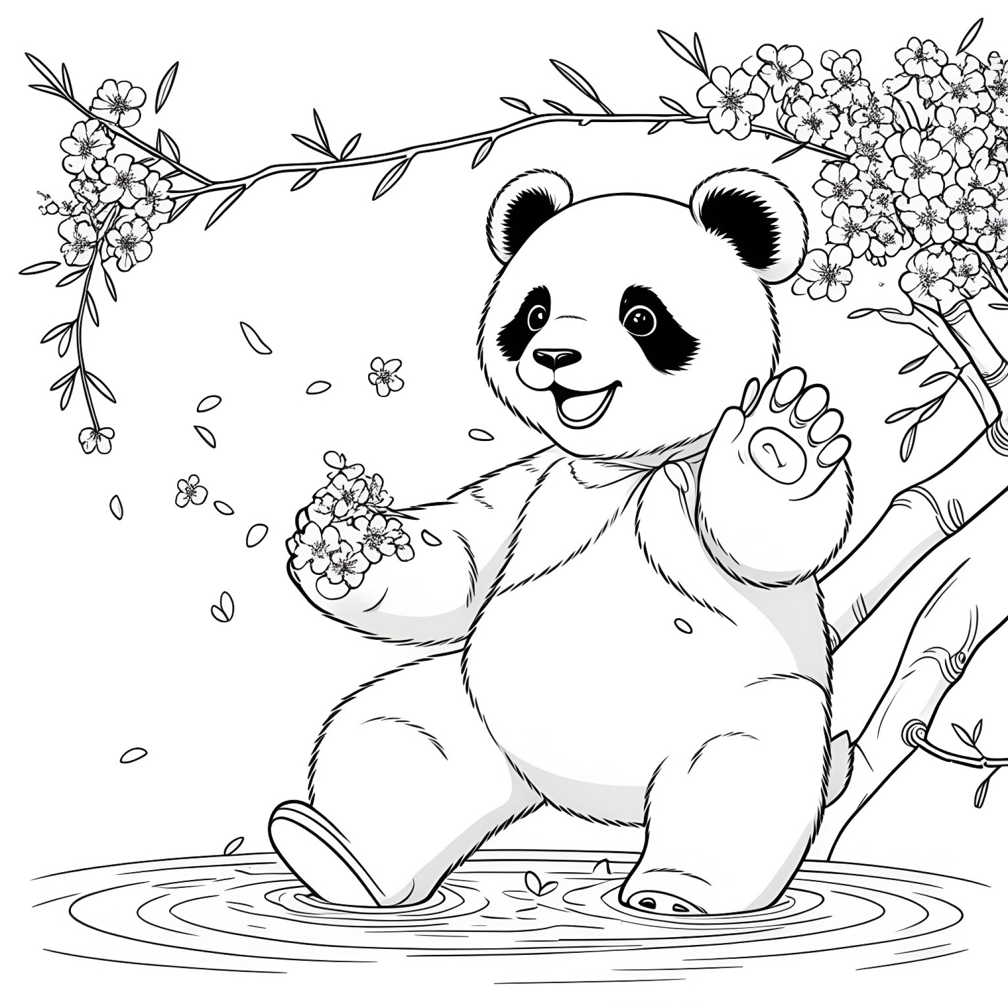 Panda catching falling cherry blossoms Coloring Page (free black-and-white line drawing printable PDF for all, from beginners to advanced learners, including children, teens, adults, and seniors)