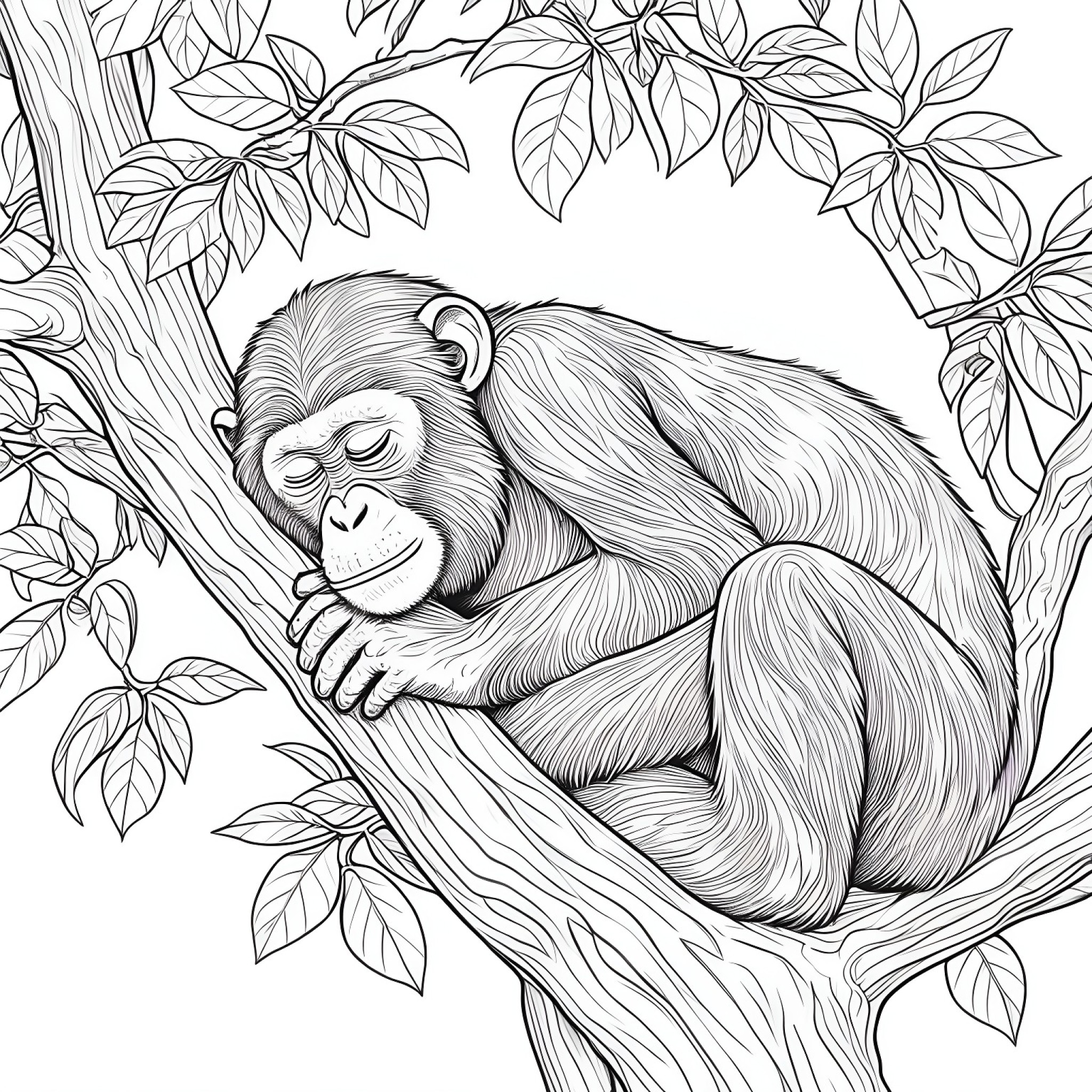 Monkey sleeping in a tree Coloring Page (free black-and-white line drawing printable PDF for all, from beginners to advanced learners, including children, teens, adults, and seniors)