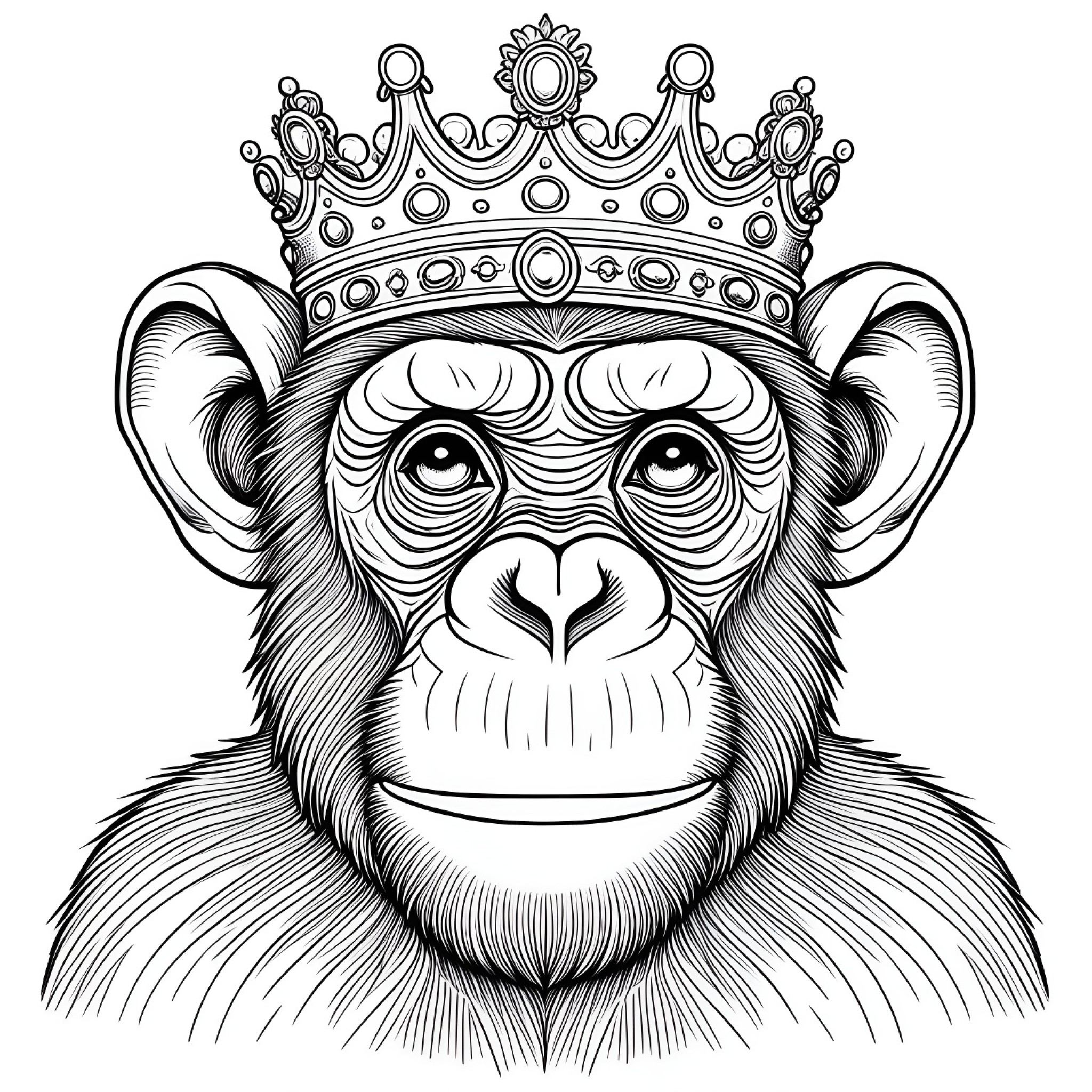 Monkey with a crown on head Coloring Page (free black-and-white line drawing printable PDF for all, from beginners to advanced learners, including children, teens, adults, and seniors)