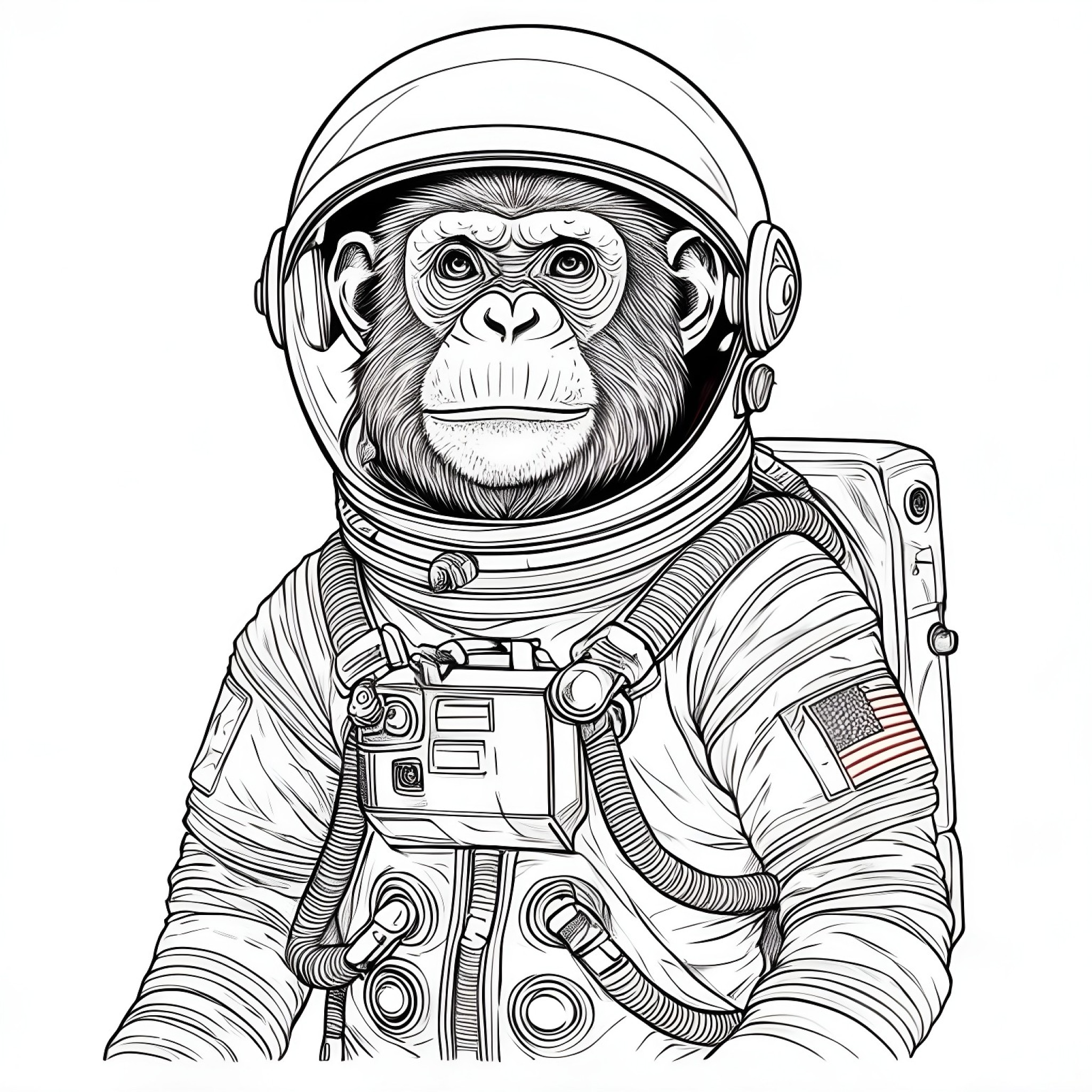 Monkey in a space suit Coloring Page (free black-and-white line drawing printable PDF for all, from beginners to advanced learners, including children, teens, adults, and seniors)