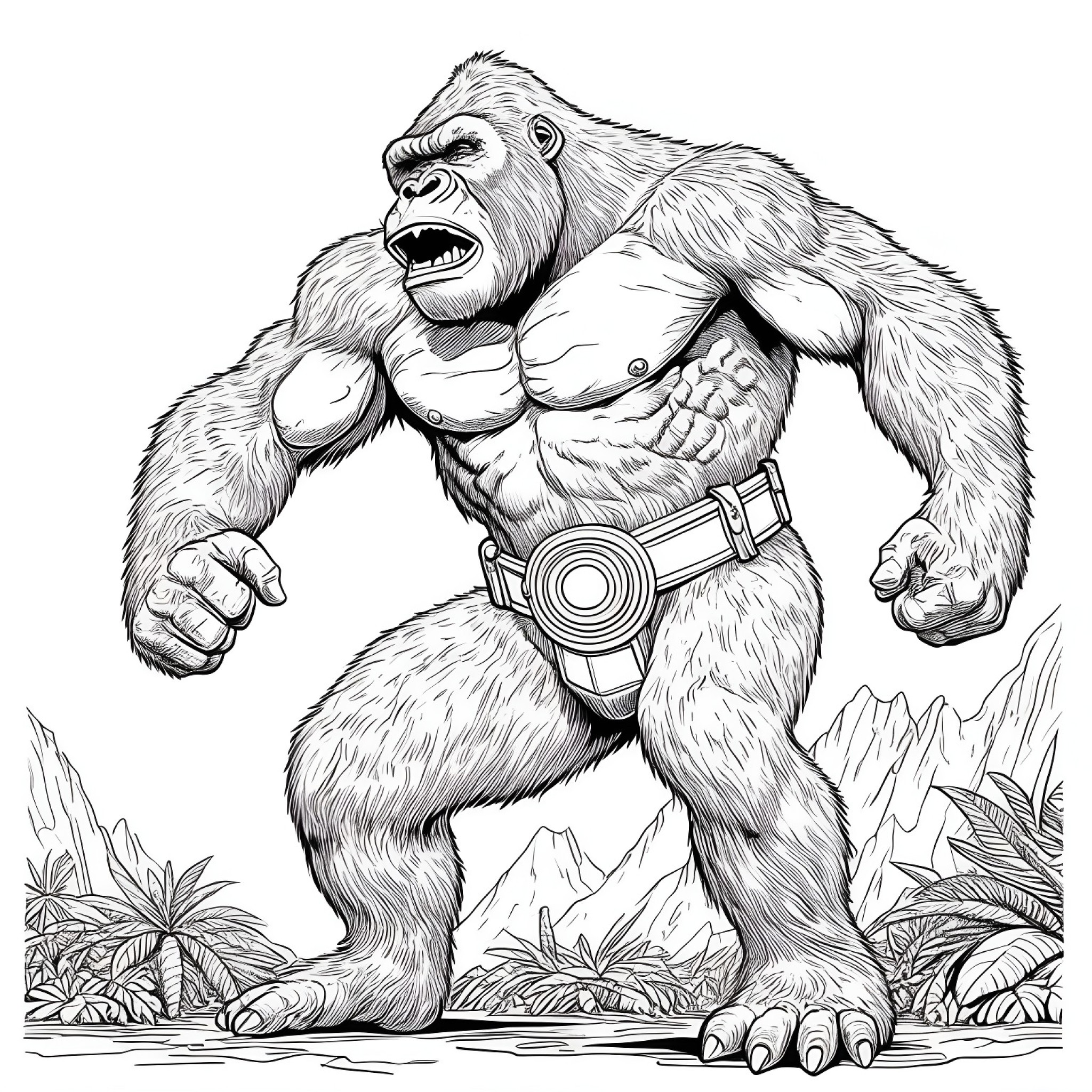 King Kong in a playful pose Coloring Page (free black-and-white line drawing printable PDF for all, from beginners to advanced learners, including children, teens, adults, and seniors)