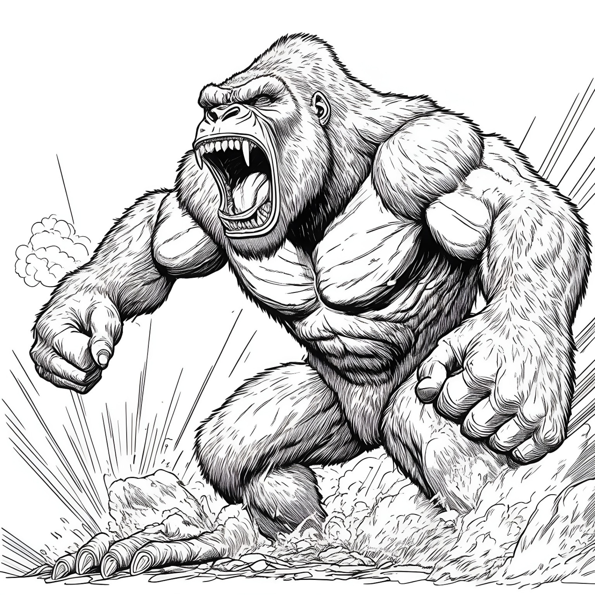 King Kong roaring fiercely Coloring Page (free black-and-white line drawing printable PDF for all, from beginners to advanced learners, including children, teens, adults, and seniors)
