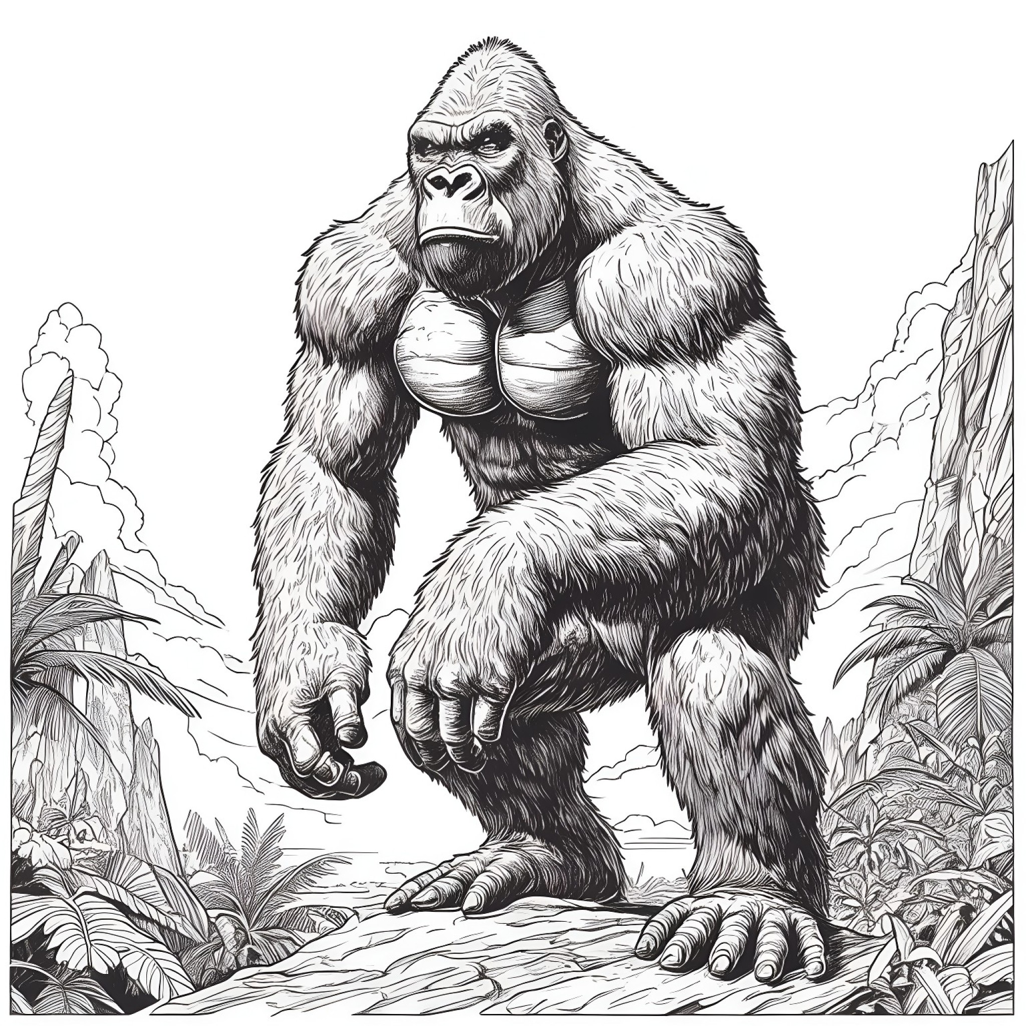 King Kong looking curious Coloring Page (free black-and-white line drawing printable PDF for all, from beginners to advanced learners, including children, teens, adults, and seniors)