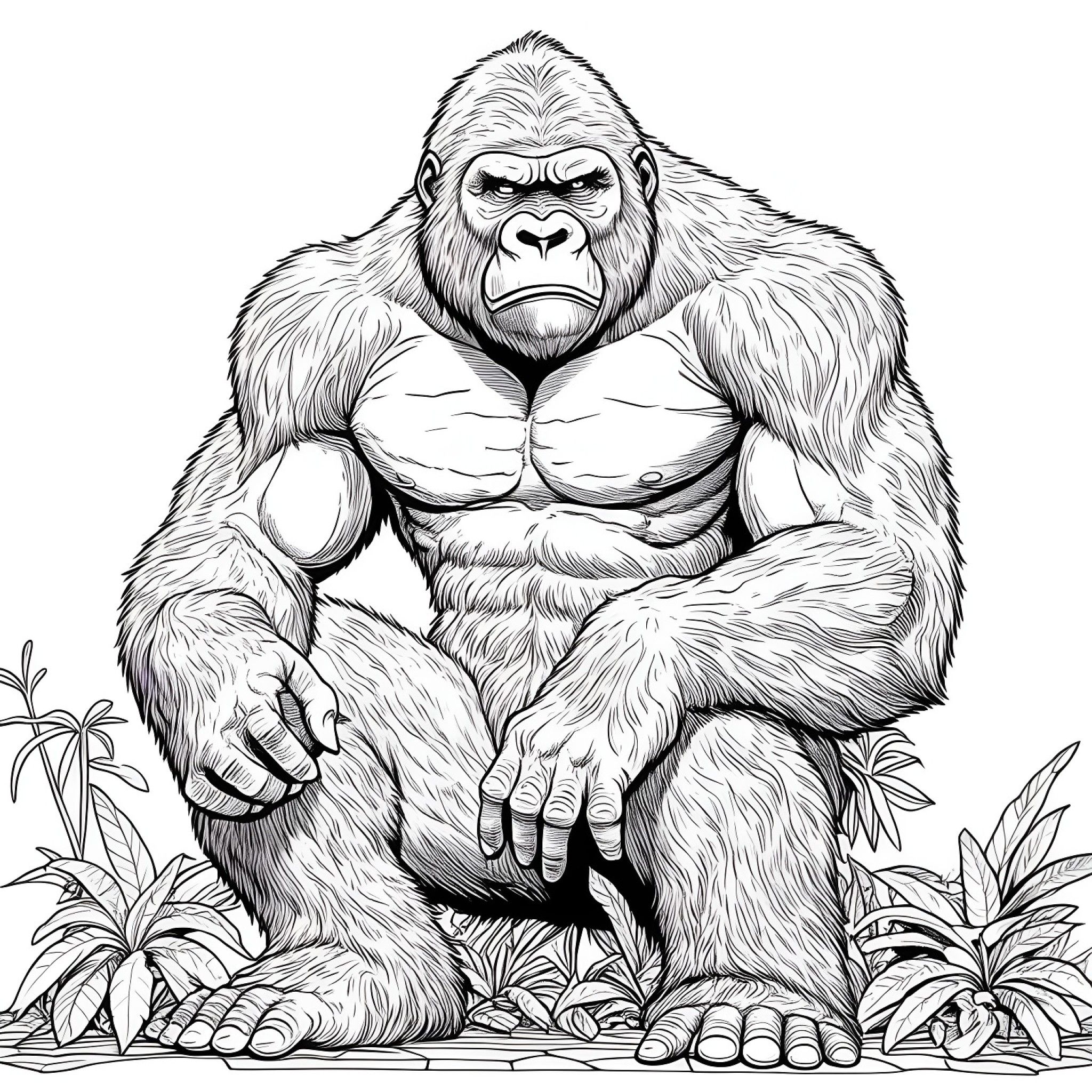 King Kong sitting Coloring Page (free black-and-white line drawing printable PDF for all, from beginners to advanced learners, including children, teens, adults, and seniors)