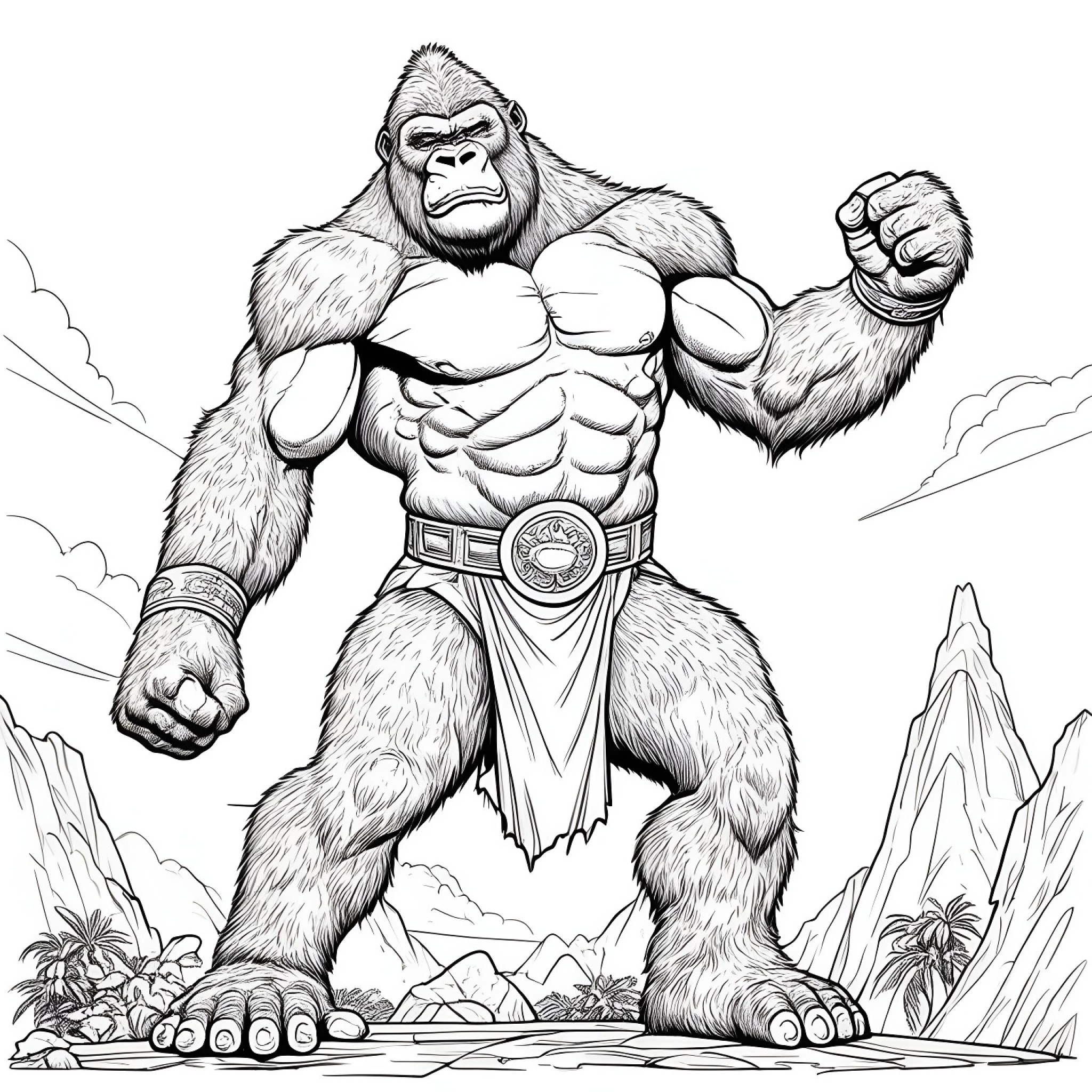 King Kong in a triumphant pose Coloring Page (free black-and-white line drawing printable PDF for all, from beginners to advanced learners, including children, teens, adults, and seniors)