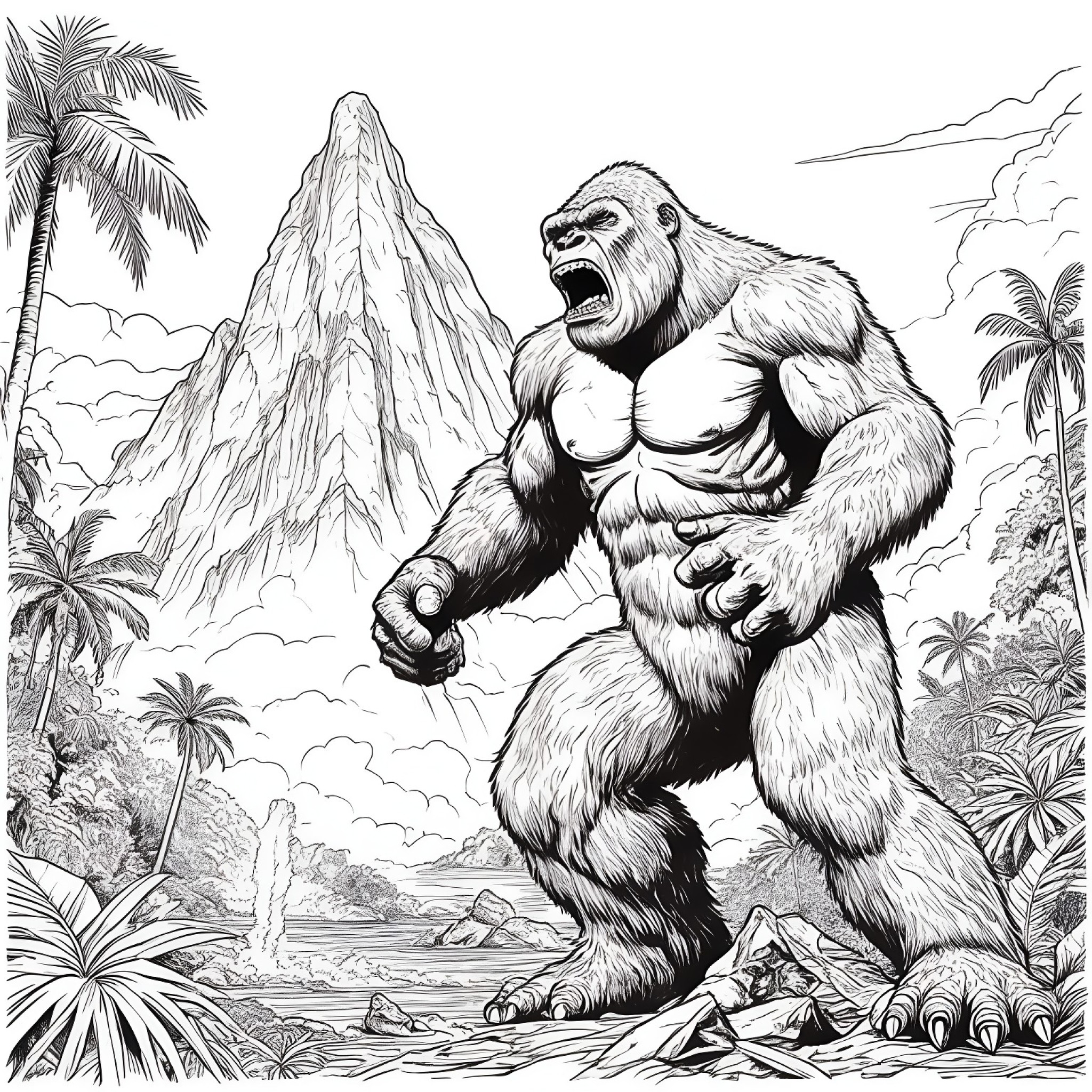 King Kong roaring Coloring Page (free black-and-white line drawing printable PDF for all, from beginners to advanced learners, including children, teens, adults, and seniors)