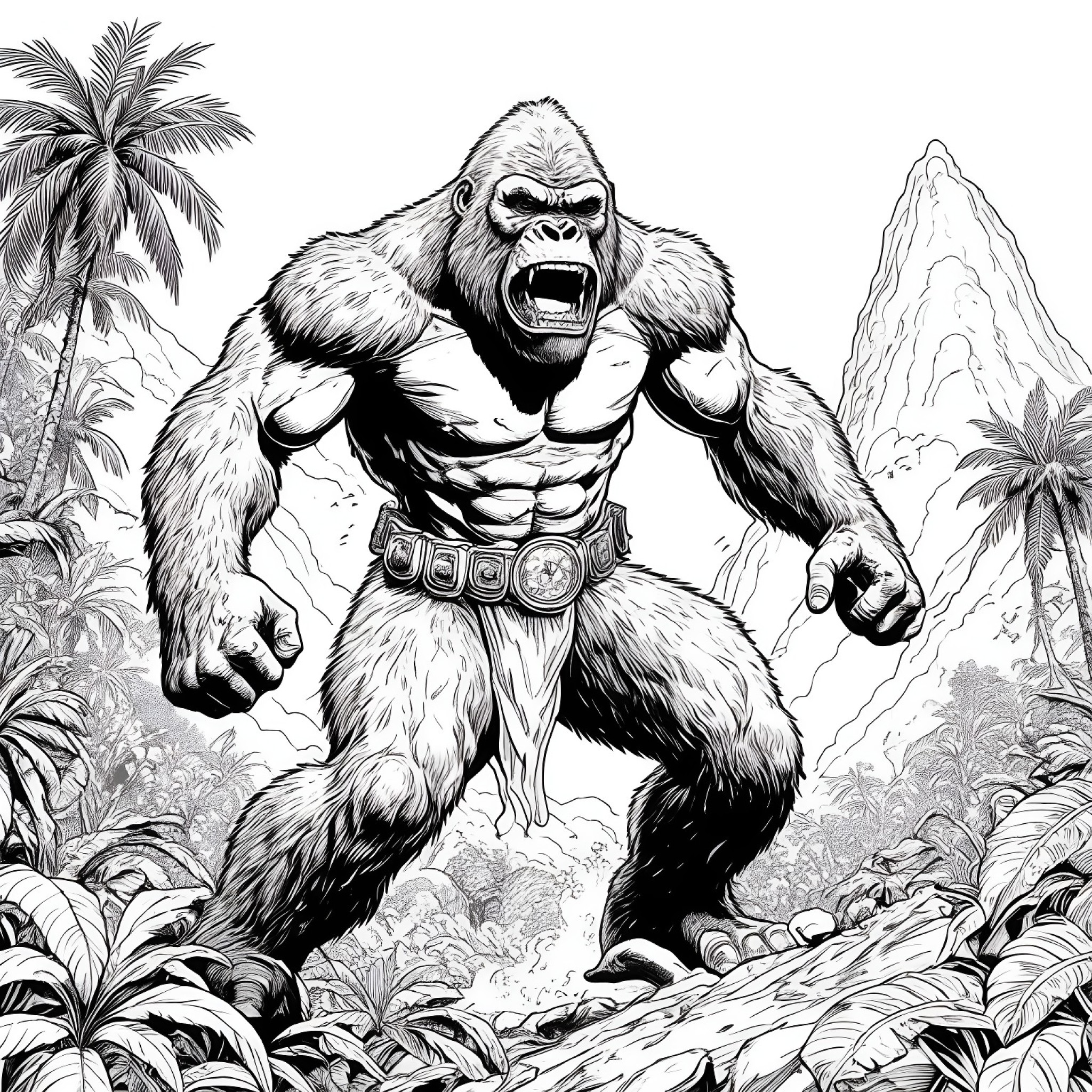 King Kong in a battle Coloring Page (free black-and-white line drawing printable PDF for all, from beginners to advanced learners, including children, teens, adults, and seniors)