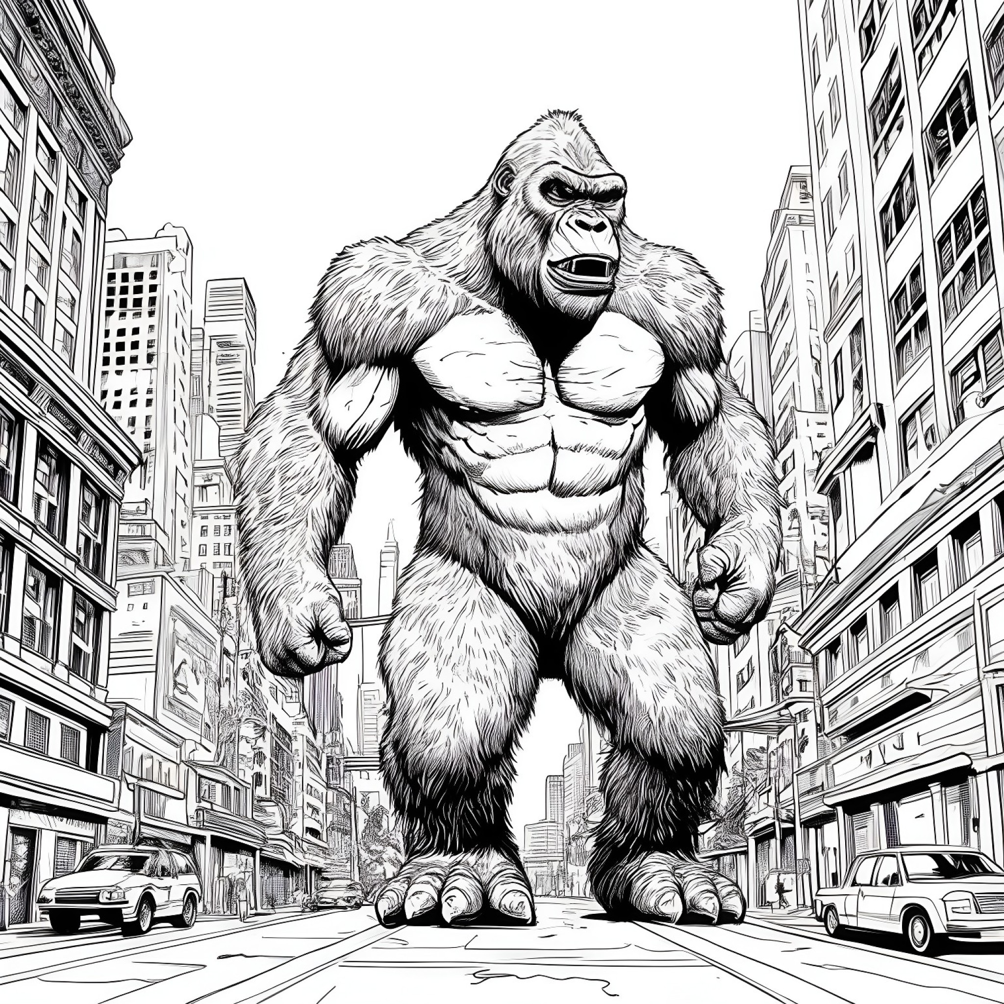 King Kong in a city Coloring Page (free black-and-white line drawing printable PDF for all, from beginners to advanced learners, including children, teens, adults, and seniors)