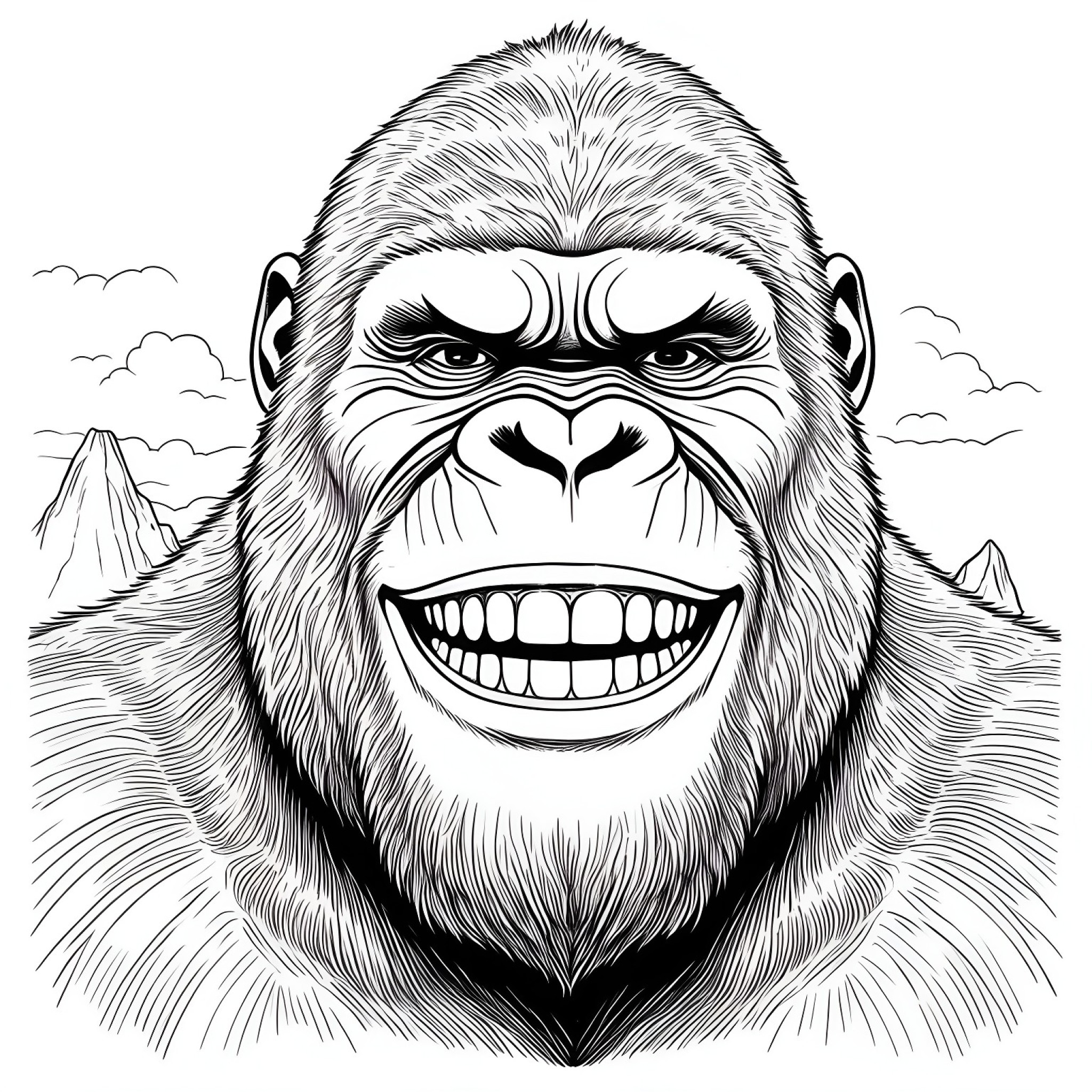 King Kong smiling gently Coloring Page (free black-and-white line drawing printable PDF for all, from beginners to advanced learners, including children, teens, adults, and seniors)