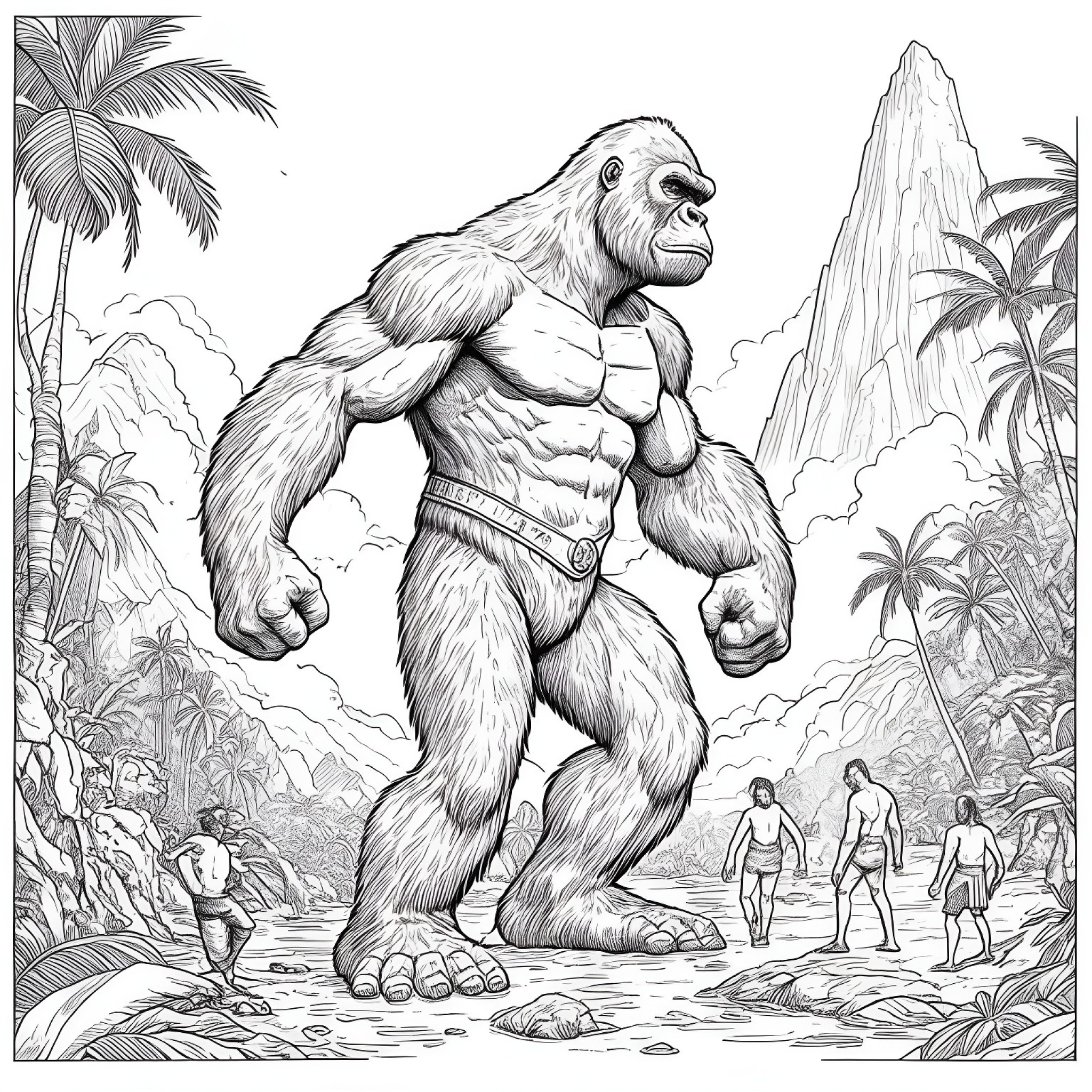 King Kong and humans Coloring Page (free black-and-white line drawing printable PDF for all, from beginners to advanced learners, including children, teens, adults, and seniors)