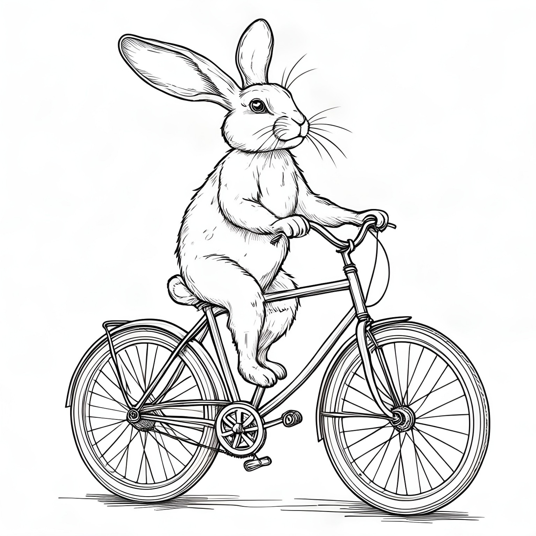 Rabbit riding a bicycle Coloring Page (free black-and-white line drawing printable PDF for all, from beginners to advanced learners, including children, teens, adults, and seniors)