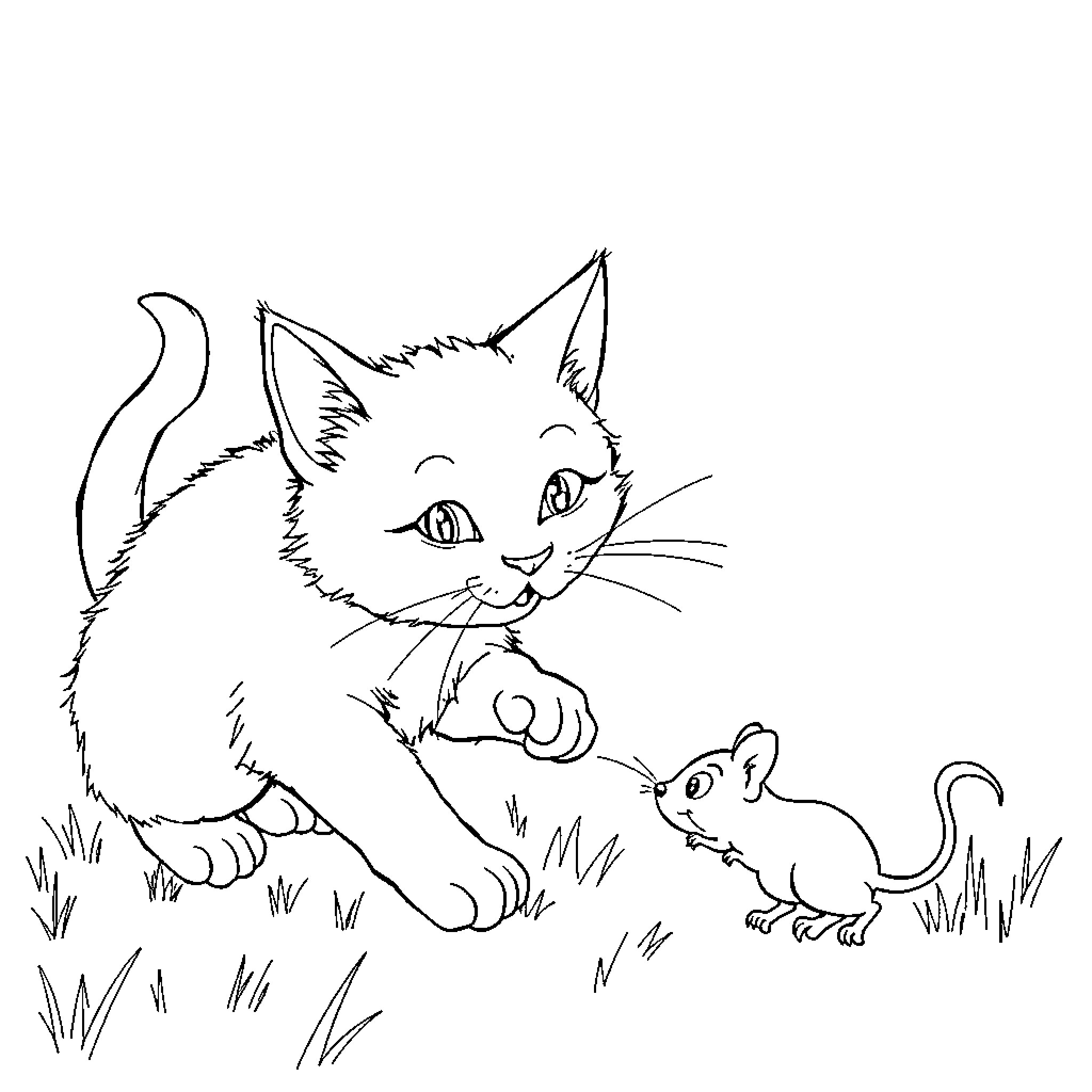 Cat encounters curious mouse in grassy field Coloring Page (free black-and-white line drawing printable PDF for all, from beginners to advanced learners, including children, teens, adults, and seniors)