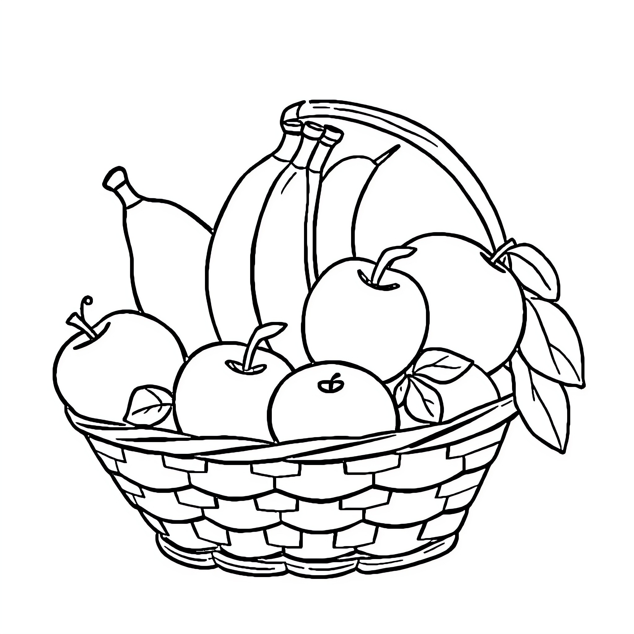 Fruit Basket with Assorted Produce Coloring Page (free black-and-white line drawing printable PDF for all, from beginners to advanced learners, including children, teens, adults, and seniors)
