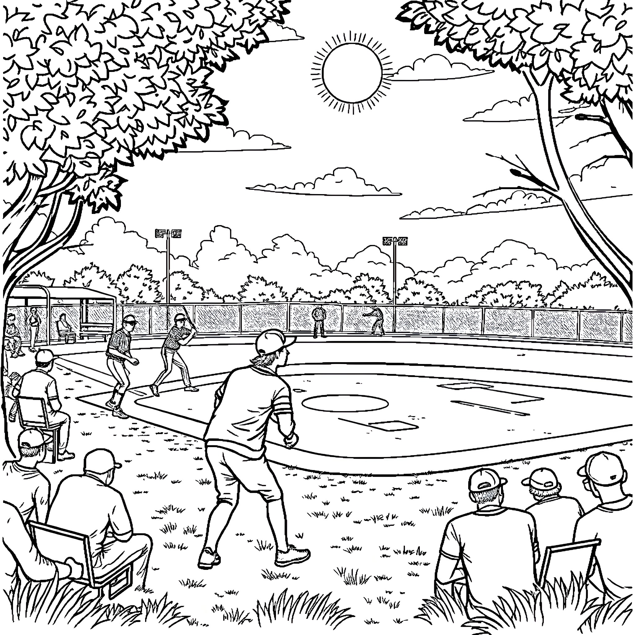 Softball game on a sunny day at the park Coloring Page (free black-and-white line drawing printable PDF for all, from beginners to advanced learners, including children, teens, adults, and seniors)