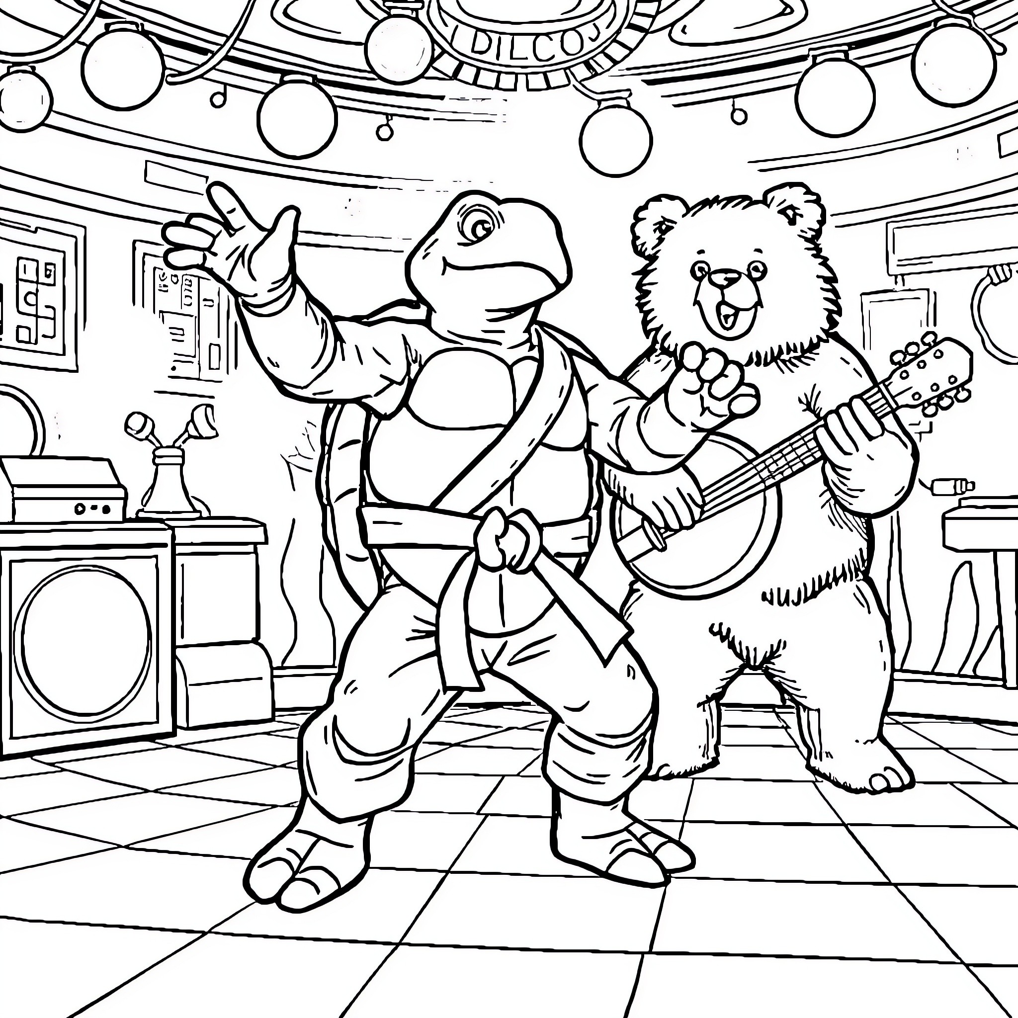Turtle Performers Entertaining at a Party Coloring Page (free black-and-white line drawing printable PDF for all, from beginners to advanced learners, including children, teens, adults, and seniors)