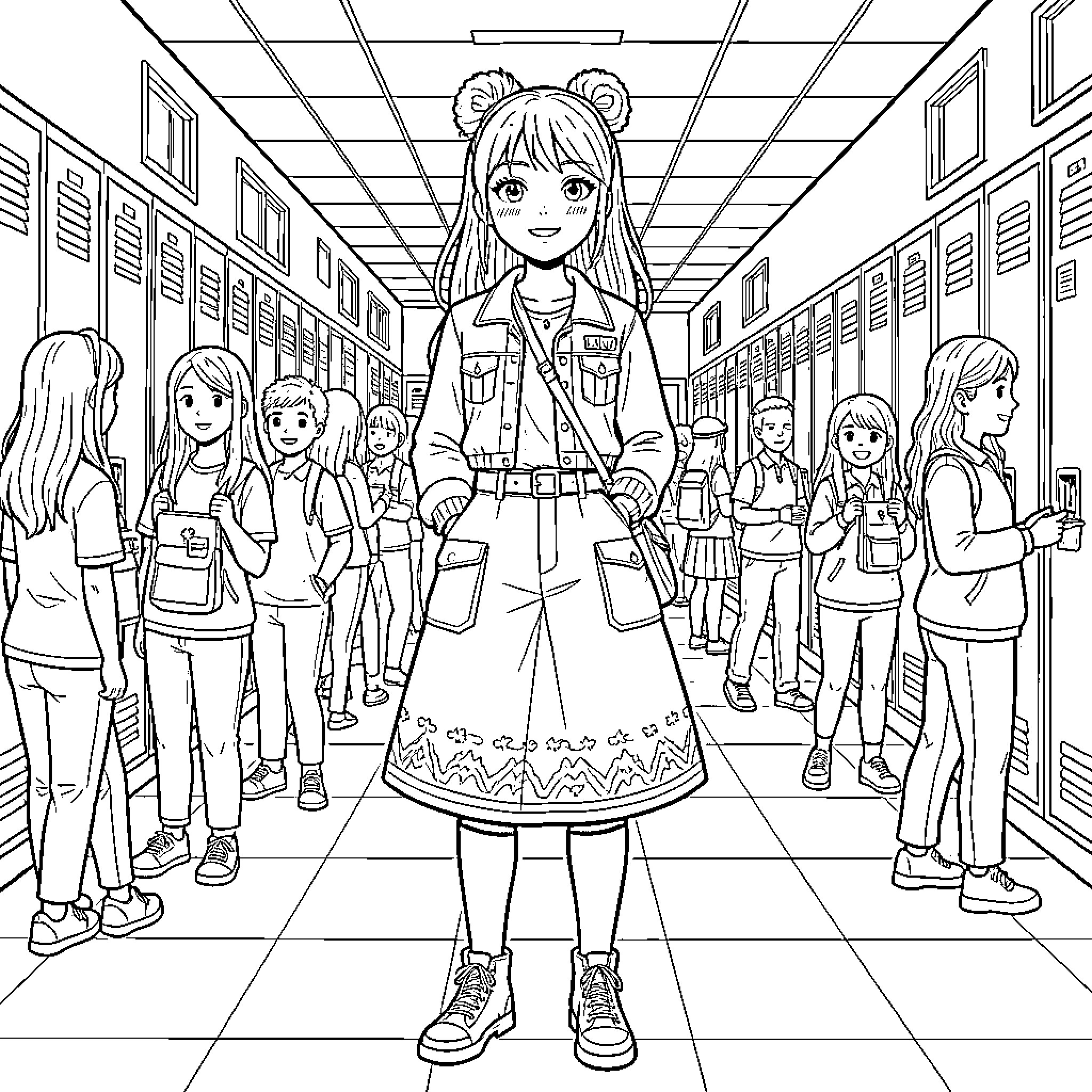 Girl in school uniform standing in hallway with classmates Coloring Page (free black-and-white line drawing printable PDF for all, from beginners to advanced learners, including children, teens, adults, and seniors)
