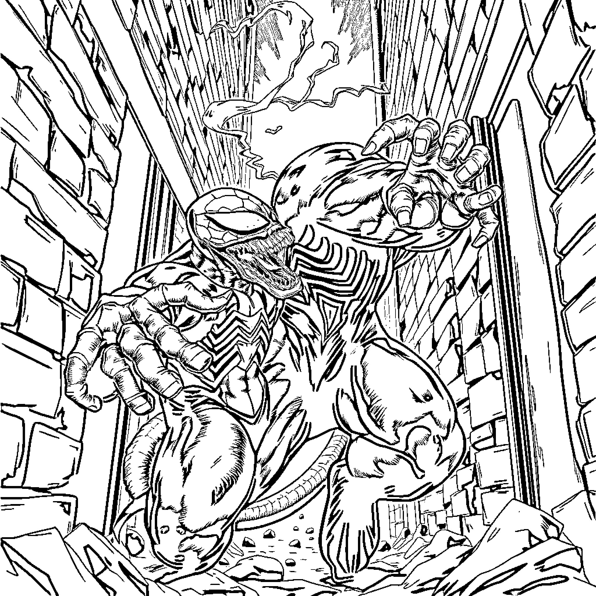 Venim: Alien Creature Emerging from Destruction Coloring Page (free black-and-white line drawing printable PDF for all, from beginners to advanced learners, including children, teens, adults, and seniors)