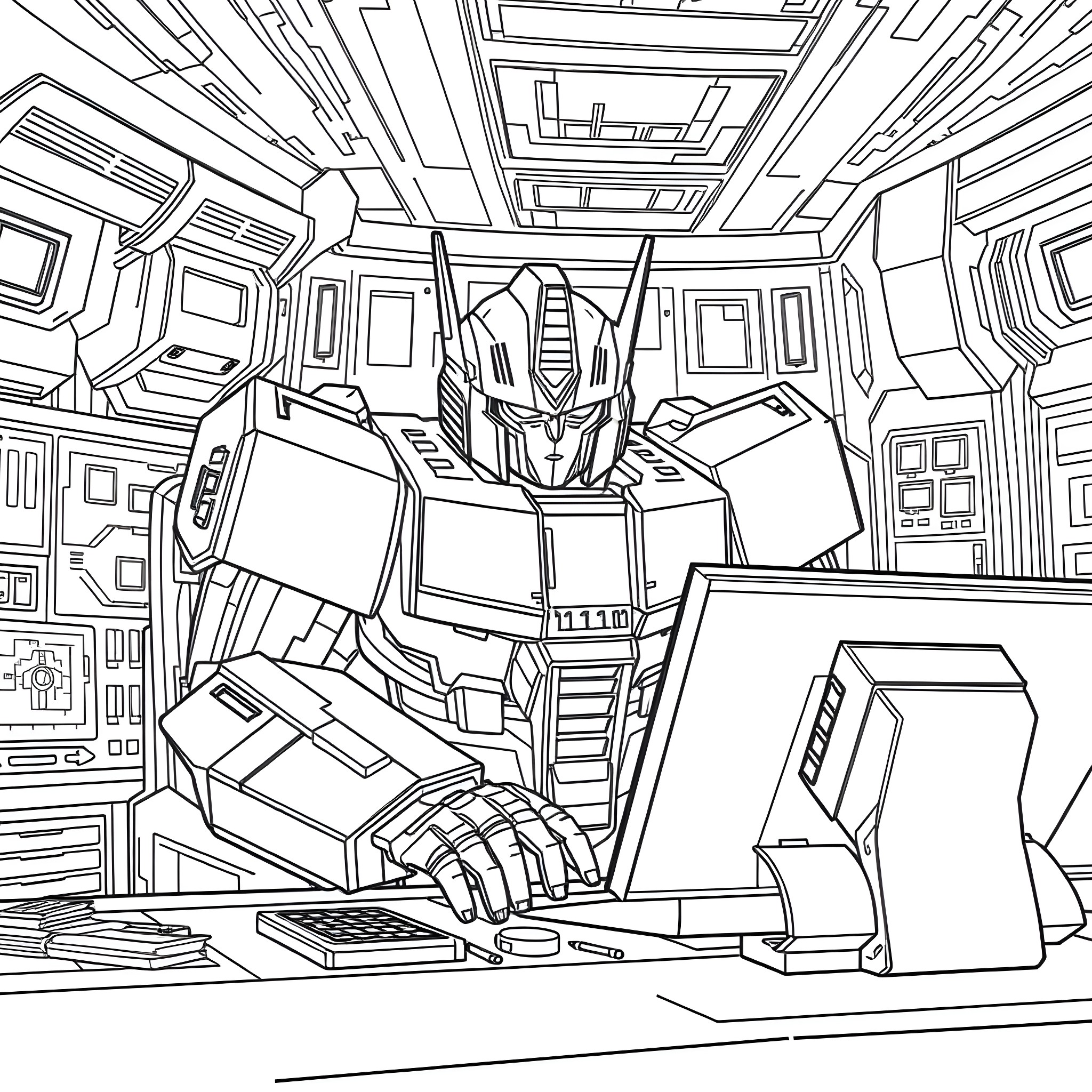 Optimus Prime in a futuristic control room Coloring Page (free black-and-white line drawing printable PDF for all, from beginners to advanced learners, including children, teens, adults, and seniors)