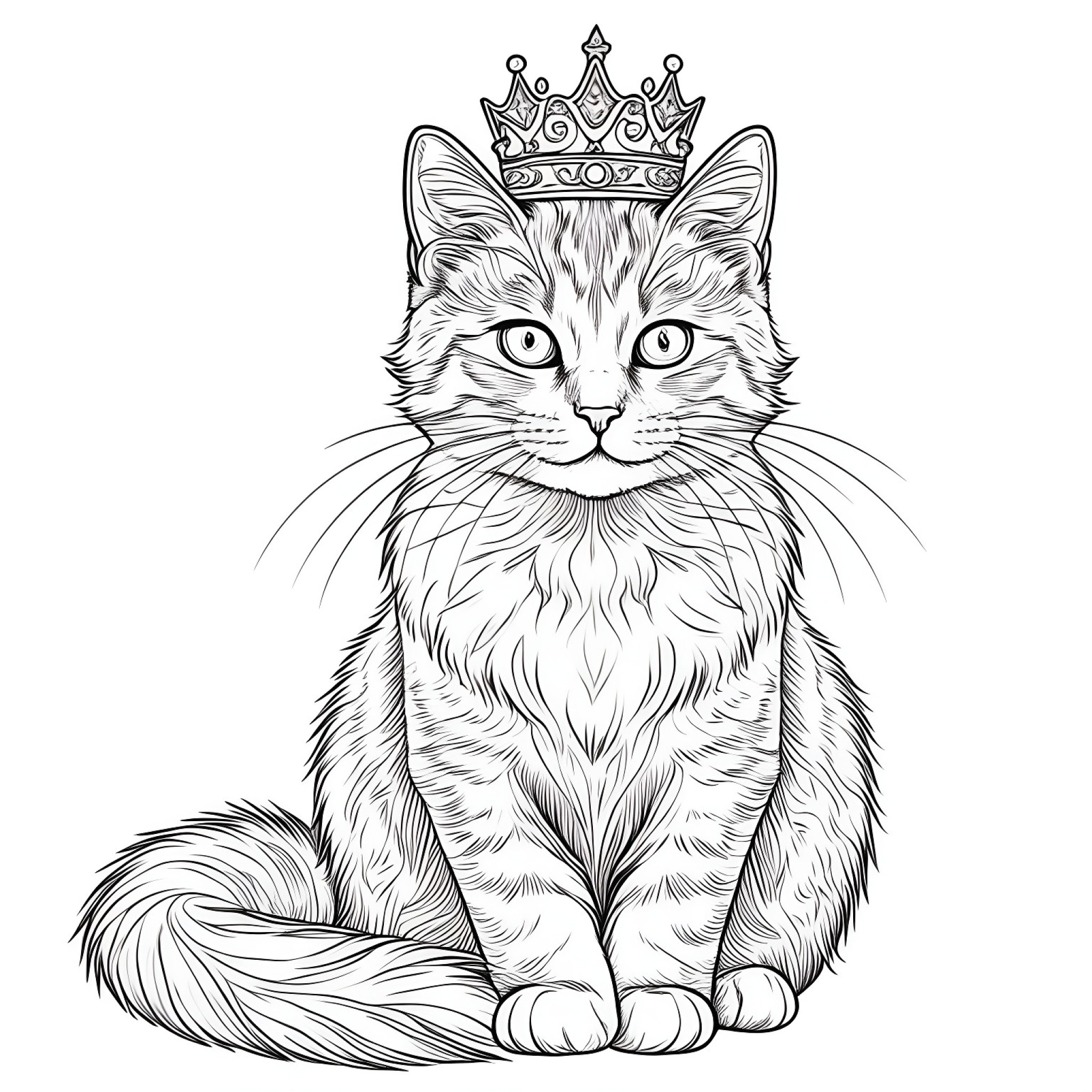 Cat sitting regally wearing a crown Coloring Page (free black-and-white line drawing printable PDF for all, from beginners to advanced learners, including children, teens, adults, and seniors)
