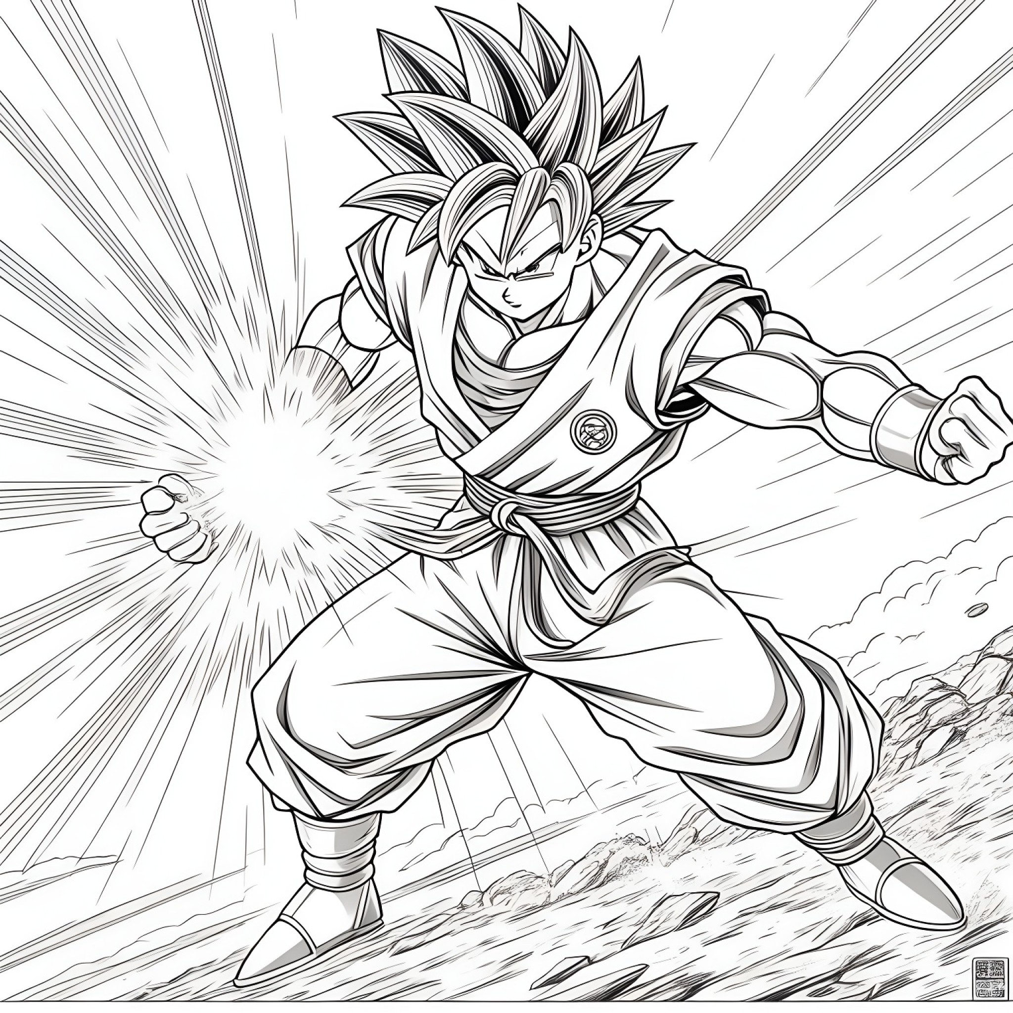 Son Goku concentrating energy Coloring Page (free black-and-white line drawing printable PDF for all, from beginners to advanced learners, including children, teens, adults, and seniors)