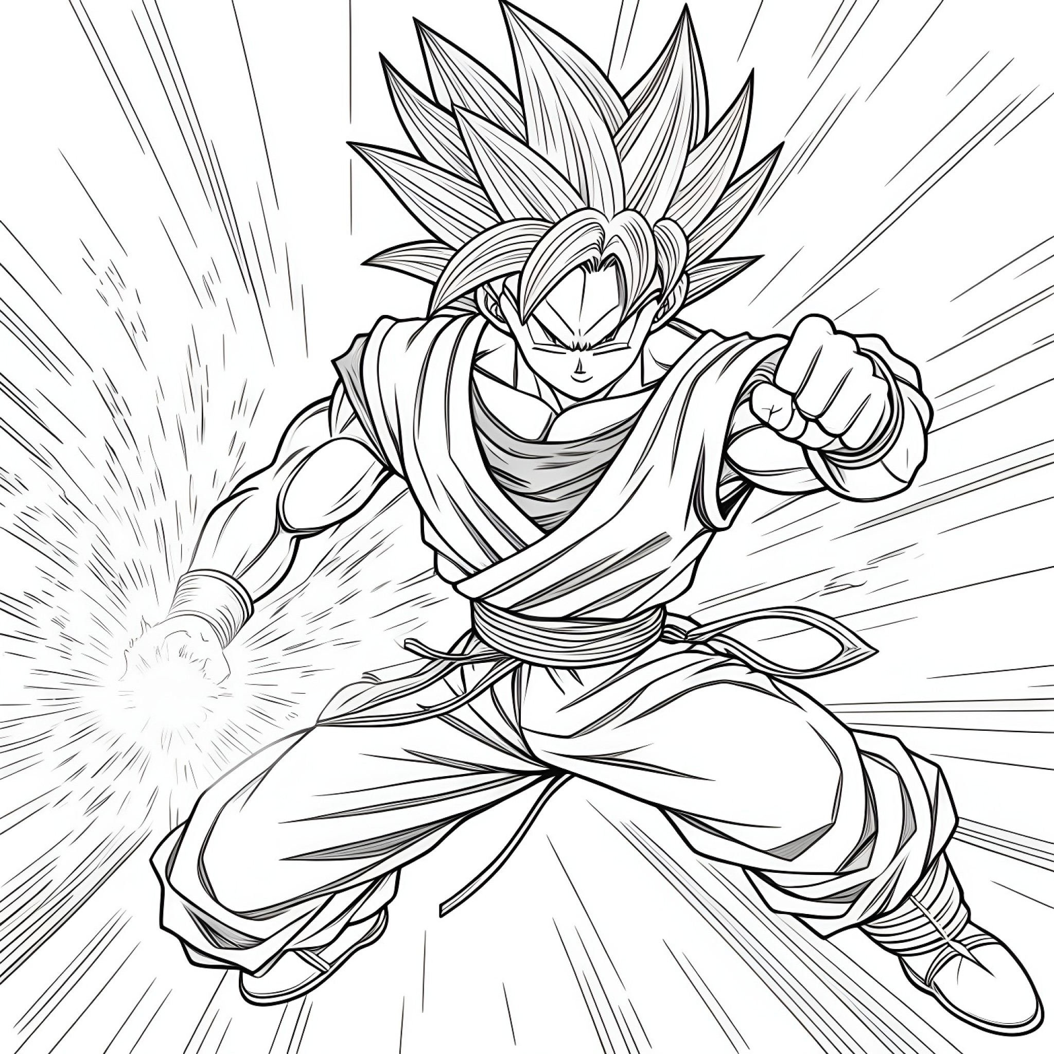Son Goku crouching Coloring Page (free black-and-white line drawing printable PDF for all, from beginners to advanced learners, including children, teens, adults, and seniors)