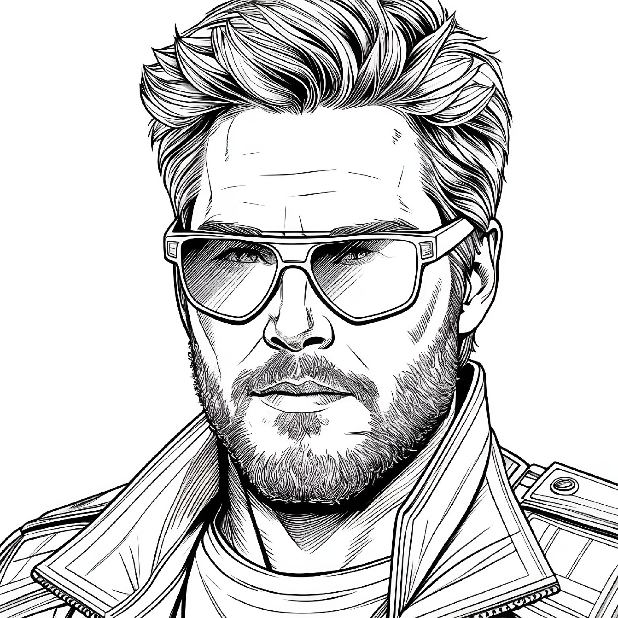 Star-Lord in a cool sunglasses look Coloring Page (free black-and-white line drawing printable PDF for all, from beginners to advanced learners, including children, teens, adults, and seniors)
