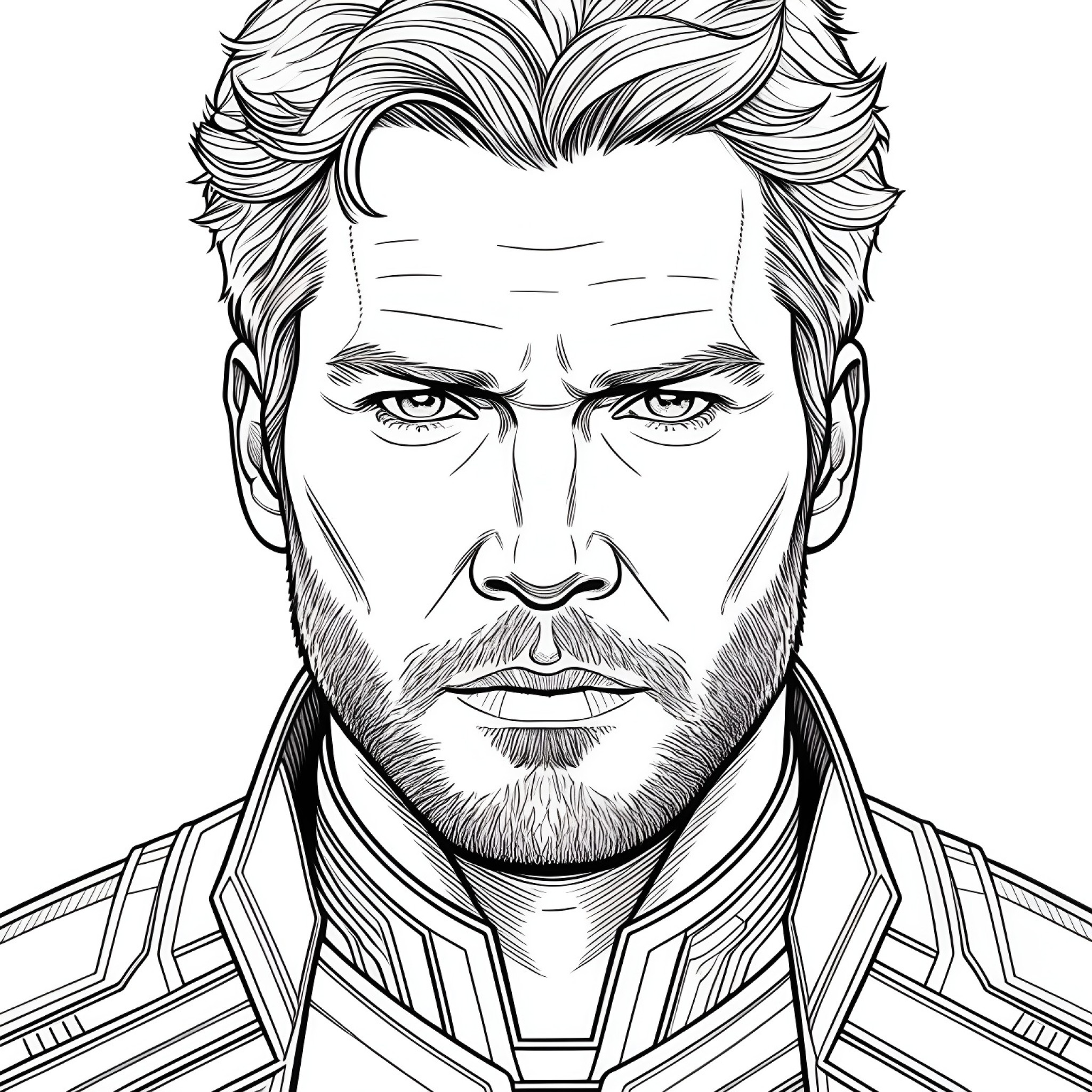 Star-Lord with a determined gaze Coloring Page (free black-and-white line drawing printable PDF for all, from beginners to advanced learners, including children, teens, adults, and seniors)