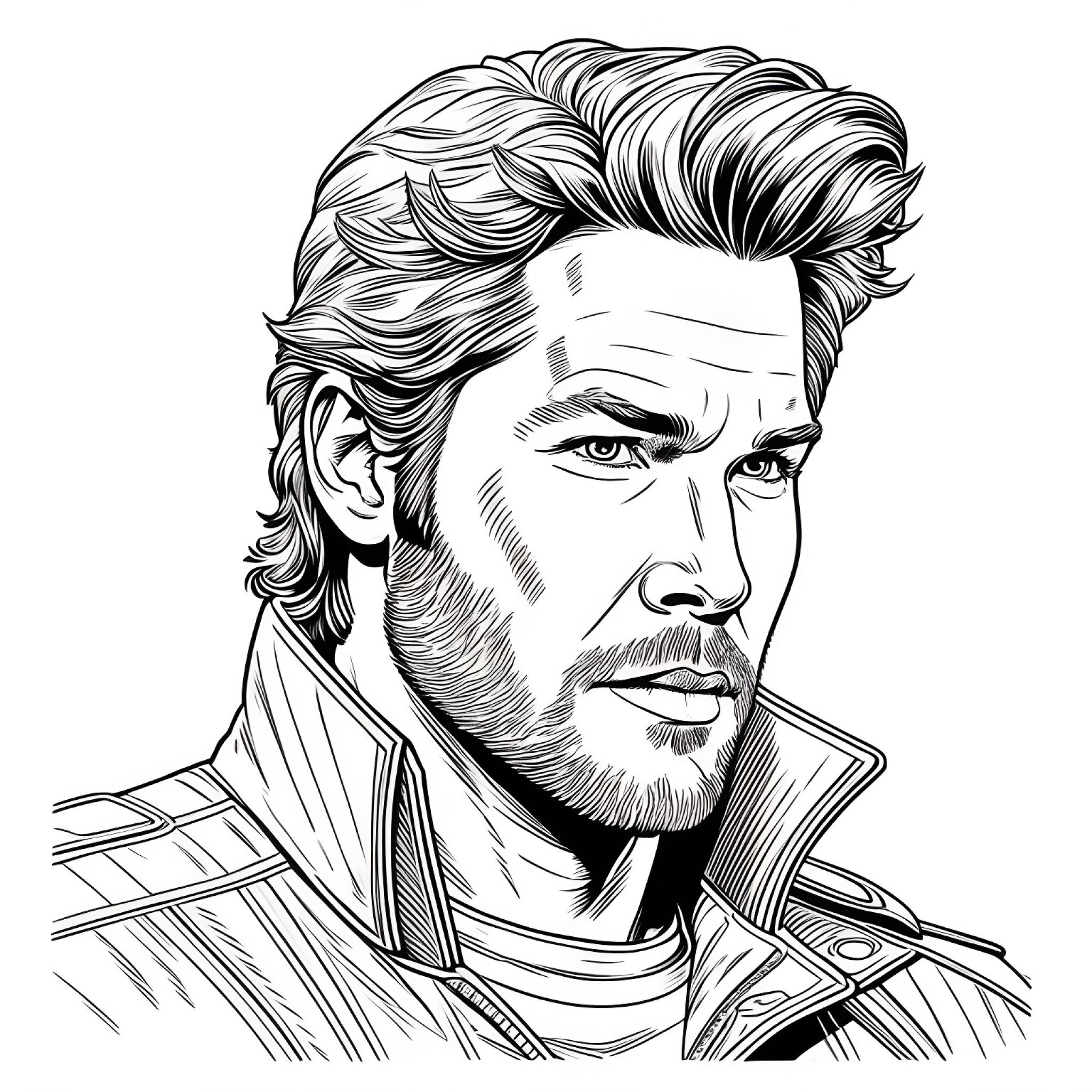 Star-Lord in a classic retro style Coloring Page (free black-and-white line drawing printable PDF for all, from beginners to advanced learners, including children, teens, adults, and seniors)