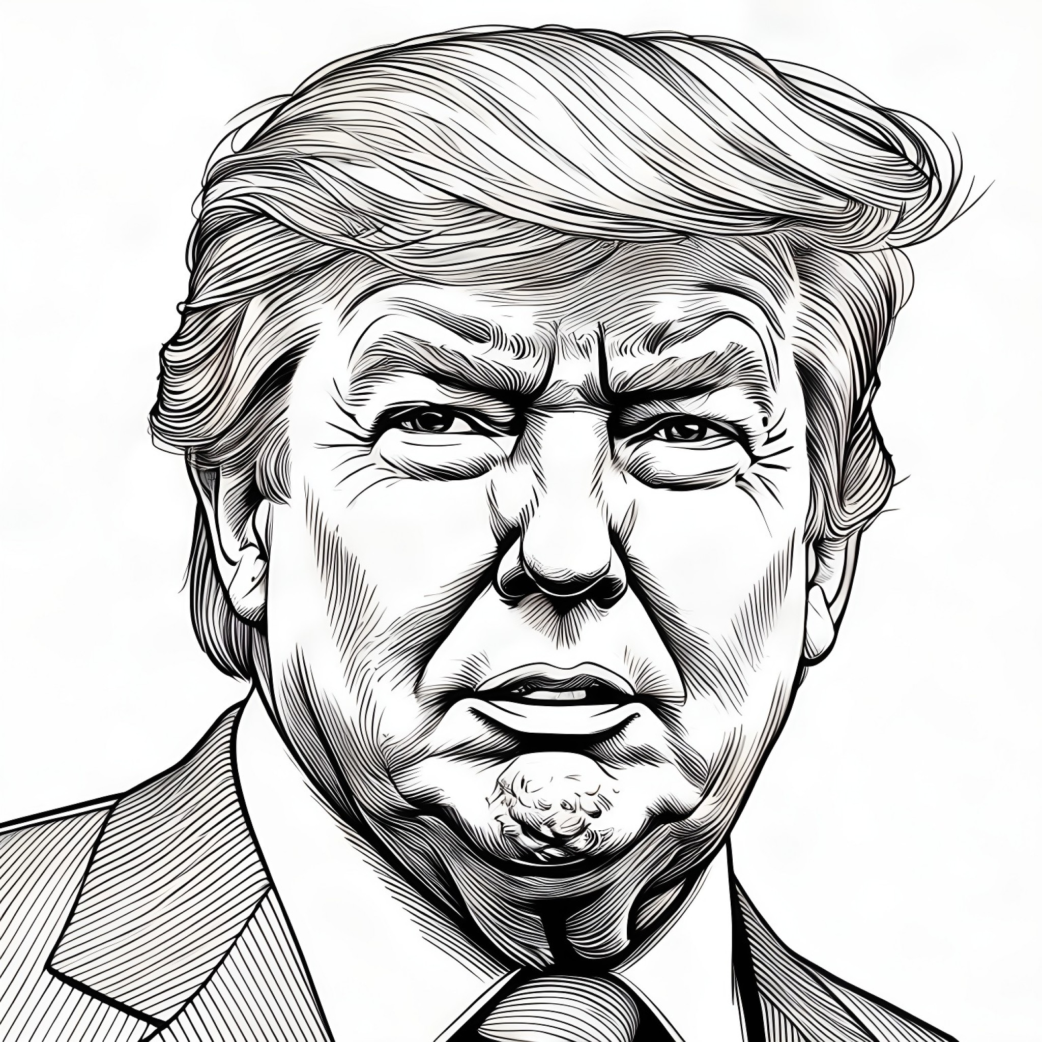Donald Trump with a funny expression Coloring Page (free black-and-white line drawing printable PDF for all, from beginners to advanced learners, including children, teens, adults, and seniors)