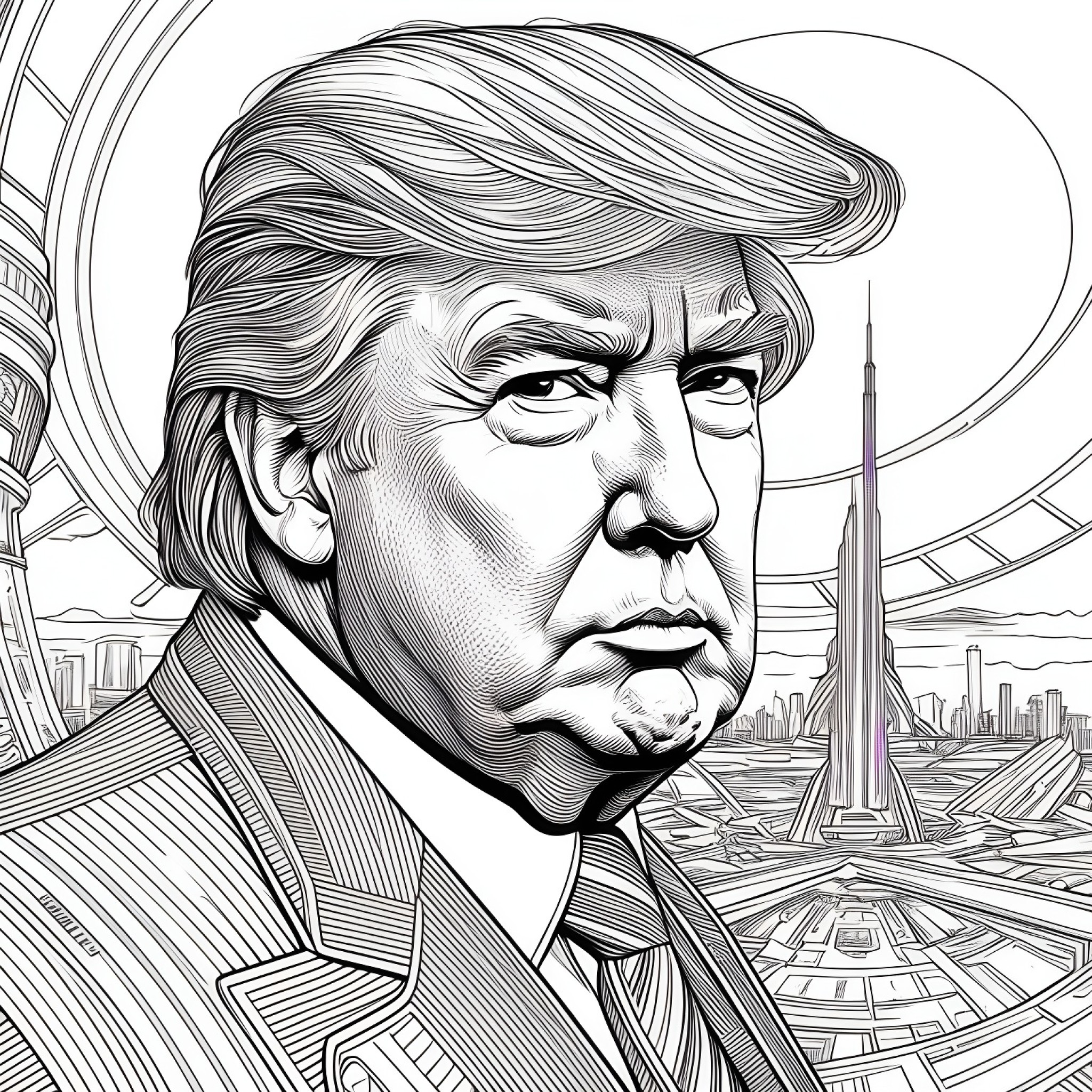 Donald Trump in a futuristic setting Coloring Page (free black-and-white line drawing printable PDF for all, from beginners to advanced learners, including children, teens, adults, and seniors)